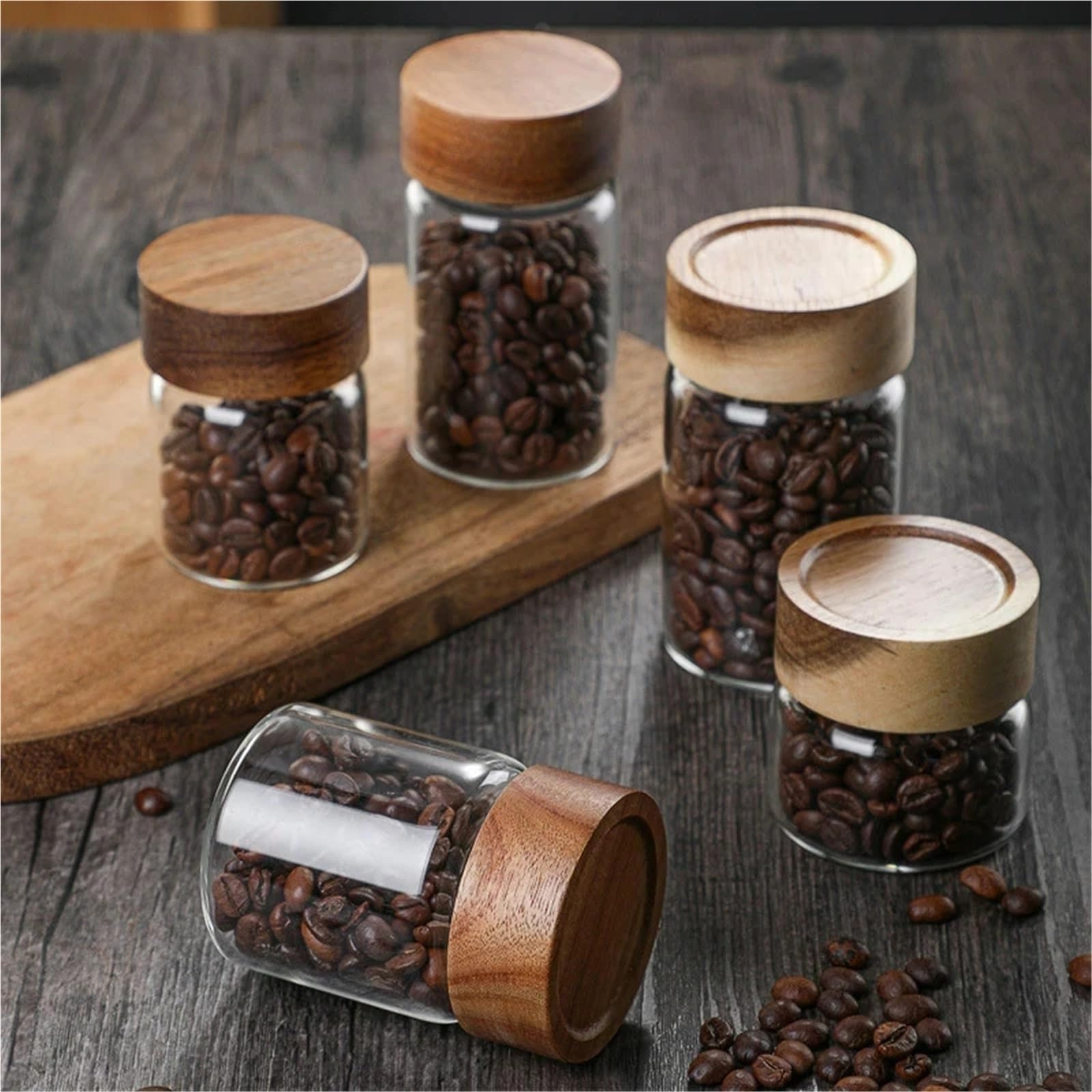 Glasgefäße mit Deckel, Küchen-Aufbewahrungsflaschen, Glas, Holzdeckel, luftdichter Behälter aus Glas, versiegelter Lebensmittelbehälter for Tee, Kaffeebohnen, Getreide, Süßigkeiten, Gläser, Organizer