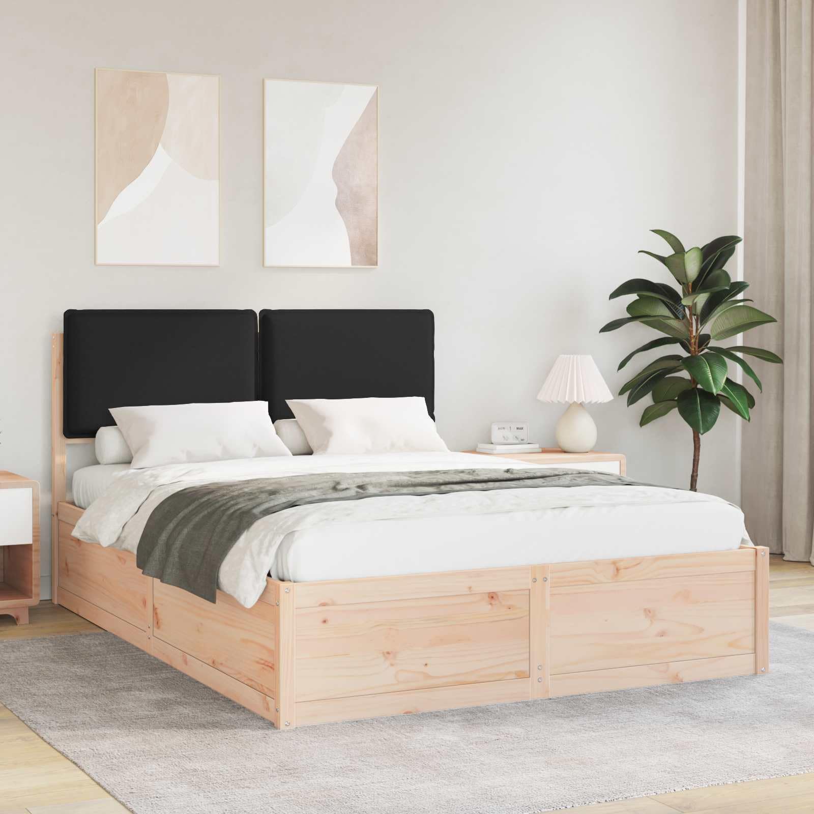 Bettgestell mit gepolstertem Kopfteil Schwarz aus massivem Kiefernholz 160 x 200 cm, Robustes Holzbett mit Lattenrost, modernes Doppelbett für Schlafzimmer und Gästezimmer