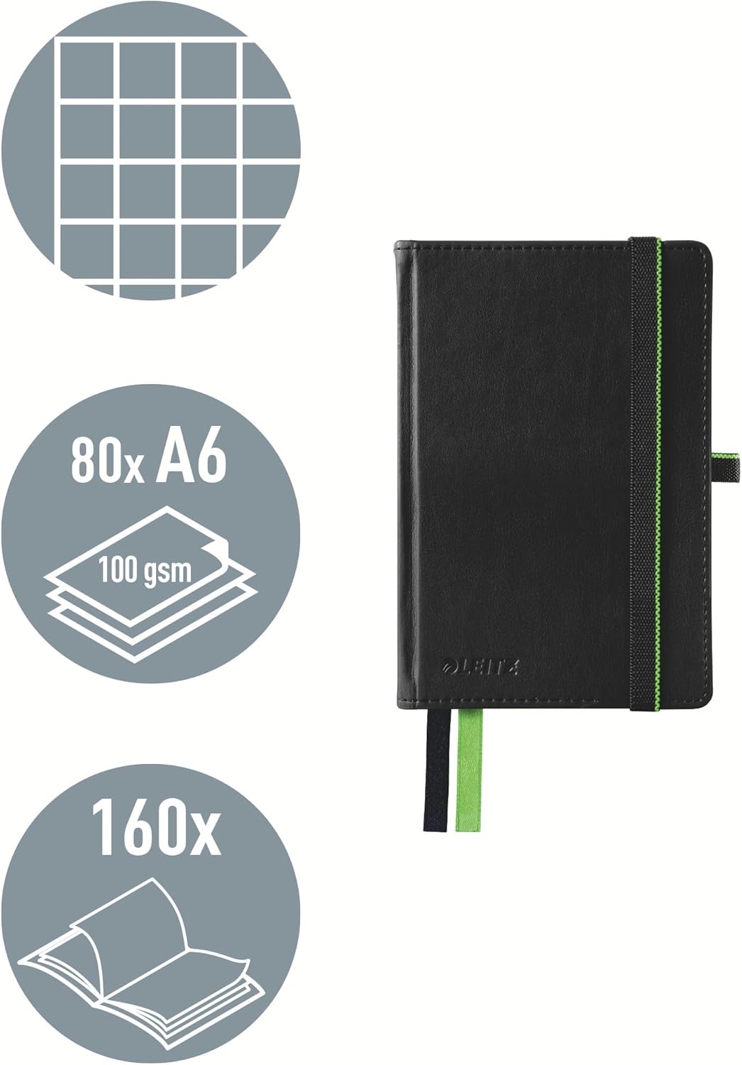 Leitz Complete Notebook A6 Squared, 160 Pages, 80 Sheets, Hardcover, 100 g/m² Paper FSC Certified, Fastener, Bookmark, Pen Loop, Black, 44790095