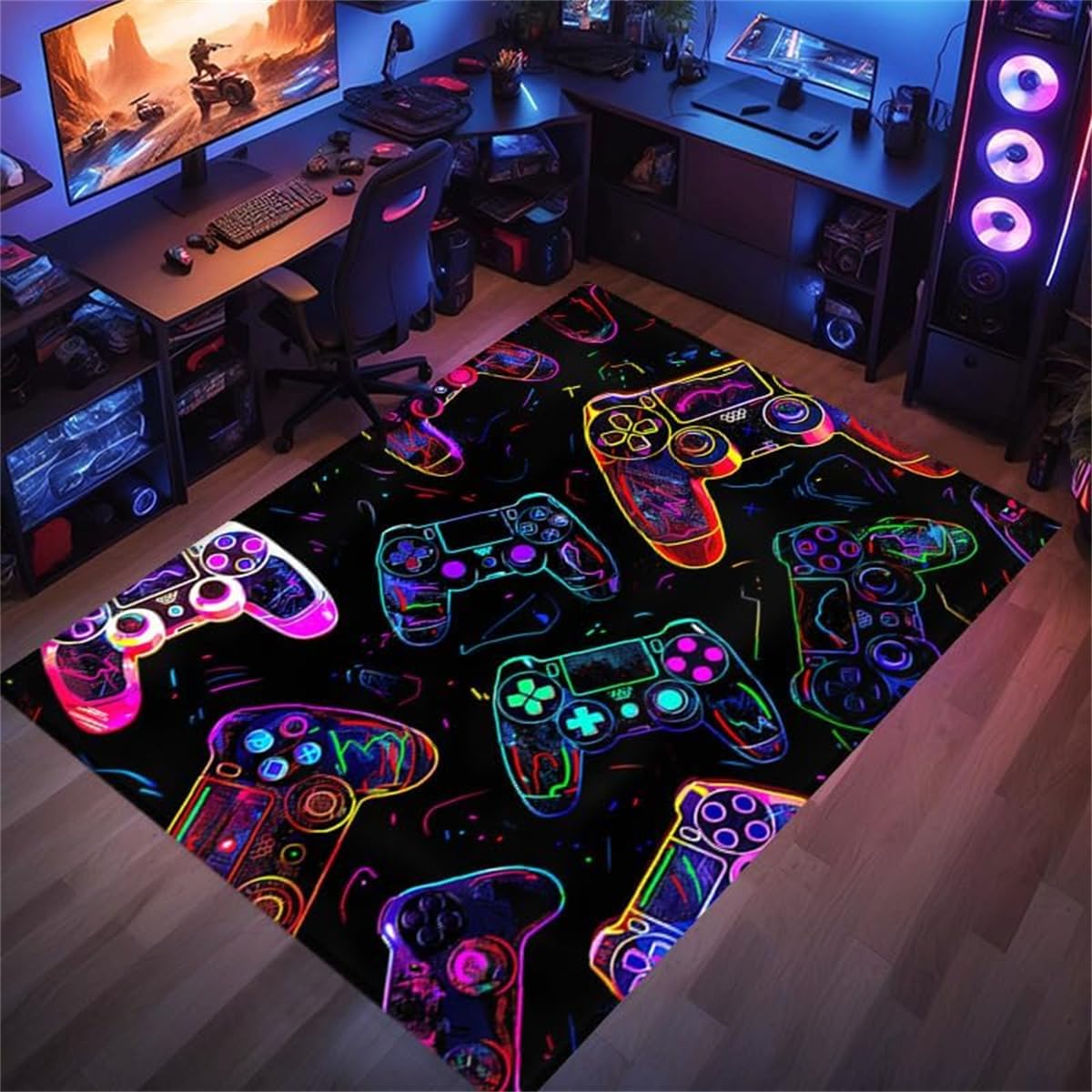 Peihuodan Men's Black Gamer Area Rugs For Bedrooms Teenager Boys Girls Kids Anime Coloured Graffiti Gaming Gamer Pattern Sofa Bed Rugs Gaming Bedroom Accessories Decor Floor Indoor Carpets Rug Pads (,80X120cm)