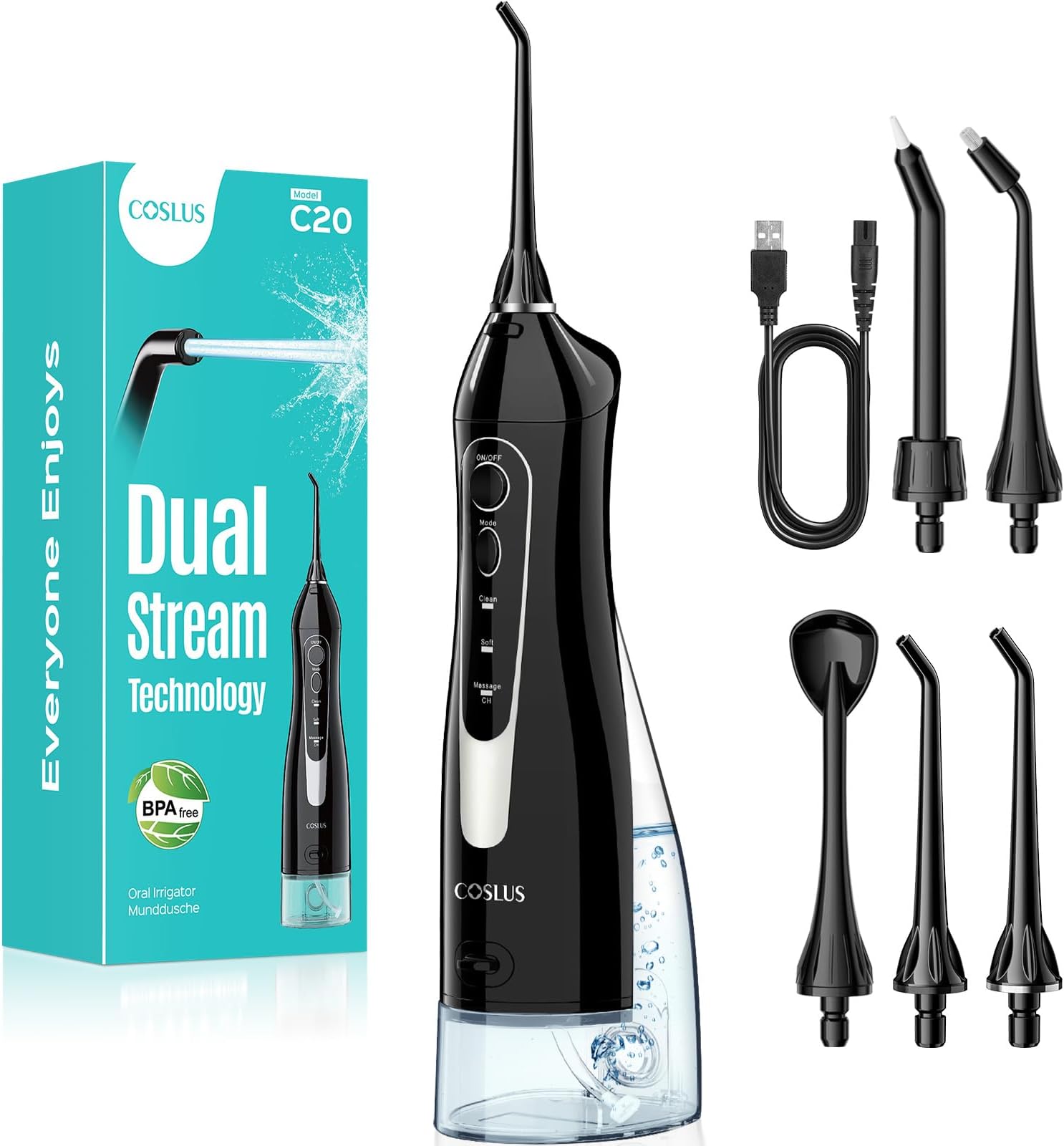 COSLUS Water Dental Flosser for Teeth Cordless: Portable Oral Irrigator 300ML 5 Jet Tips Rechargeable Tooth Flosser Teeth Braces Pick IPX7 Waterproof Irrigation Cleaner for Travel Home