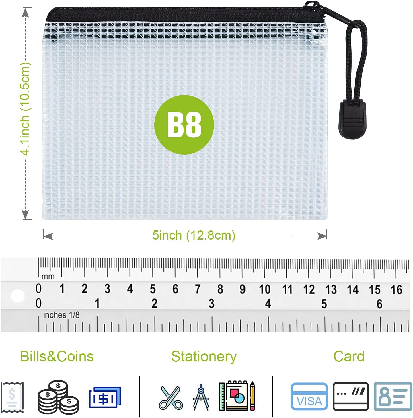 12 Pcs Plastic Mesh Zip File Bags, Waterproof Tear-Resistant Document File Folders, B8 Size Zipper Documents Pouch Document Organizer Bags for School Office Home Travel Storage(5×4.1 Inch) - Image 3