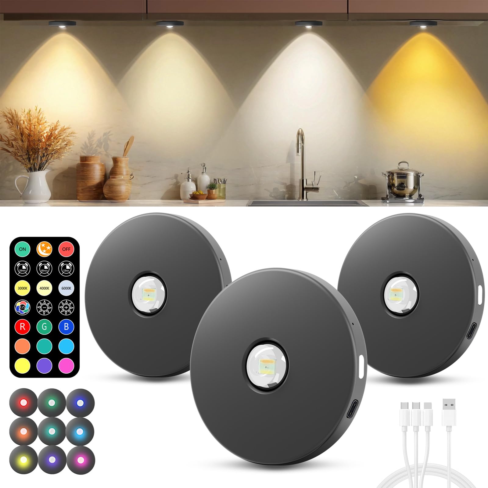 Luce a disco con telecomando, alimentata a batteria ricaricabile da 2000 mAh, autoadesiva, luce per mensole, illuminazione wireless per armadietto, colore nero, 3 pezzi