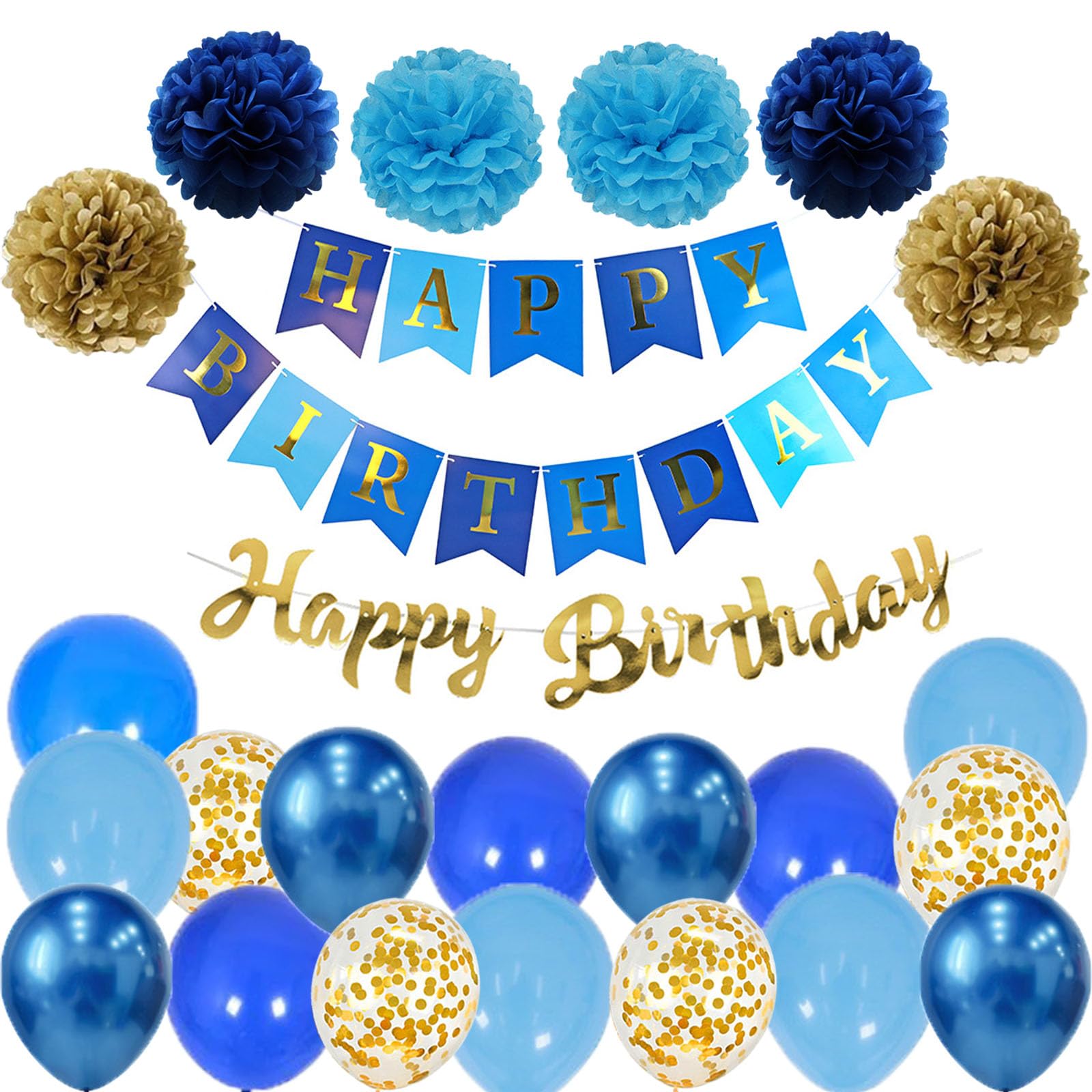 Happy Birthday Banner Blau - Geburtstagsdeko Set Mit Girlanden, Bällen & Sternen