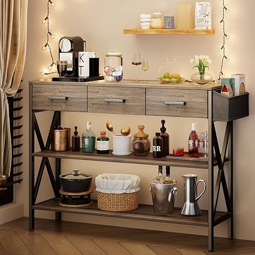 Miniatura 3 de Gizoon Mesa consola de 39 pulgadas con 2 cajones, mesa de entrada industrial con estantes de almacenamiento de 3 niveles, mesa de sofá larga