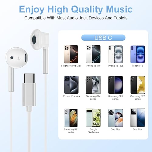 Miniatura 6 de Auriculares USB C con cable para Samsung Galaxy S25 EdgeUltraS24 FES24S23S22A17, auriculares con micrófono integrado y control de volumen para