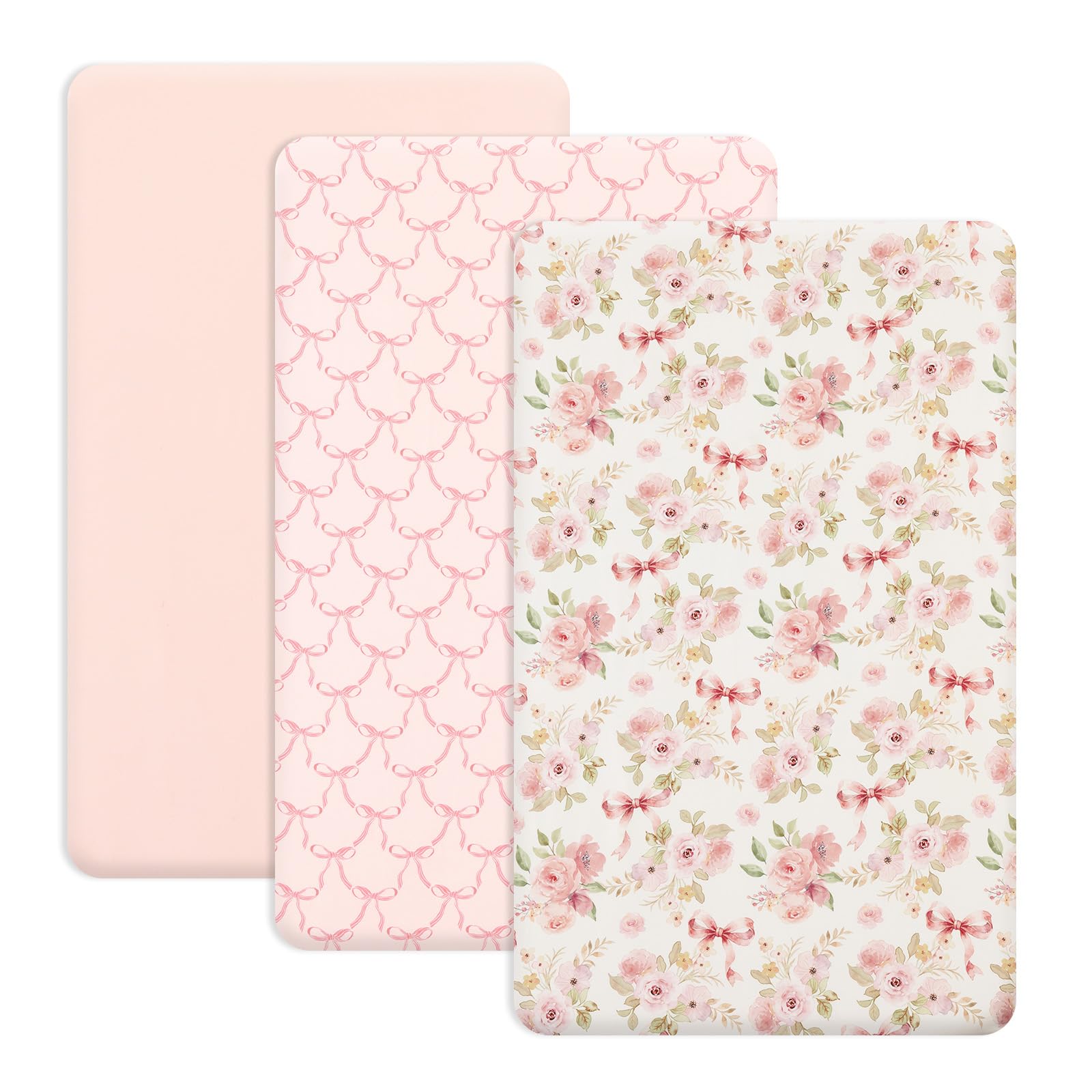 phf 3 pack soft mini crib sheets, floral & bow pack n play sheets for baby boys girls, no slip universal fit for pack n play, playard, portable and mini crib mattresses,floral & bow
