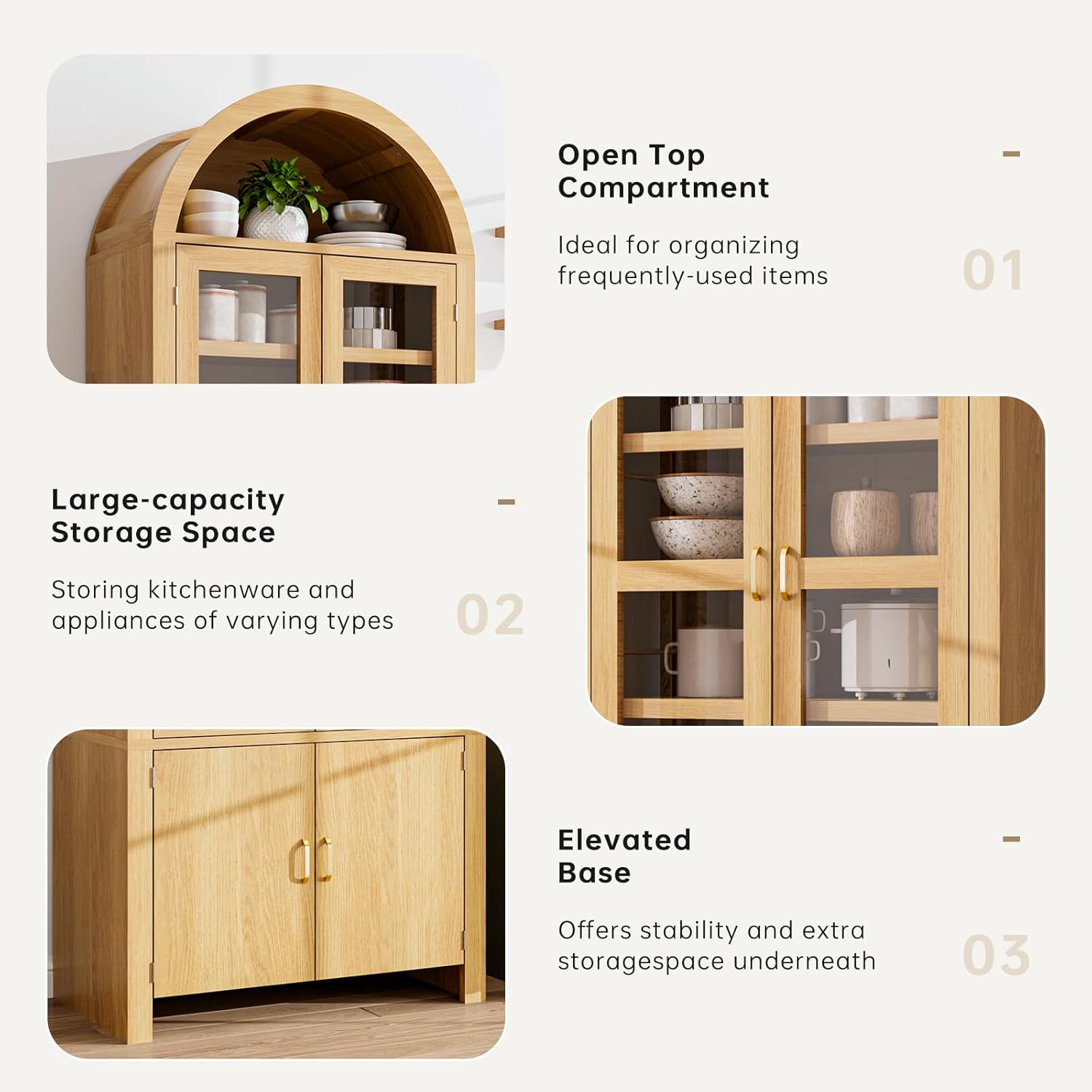 71" Tall Arched Kitchen Pantry Cabinet, Modern Farmhouse Wood Kitchens Storage Cabinets, Cupboard for Dining Room, Kitchen, Bathroom, Natural