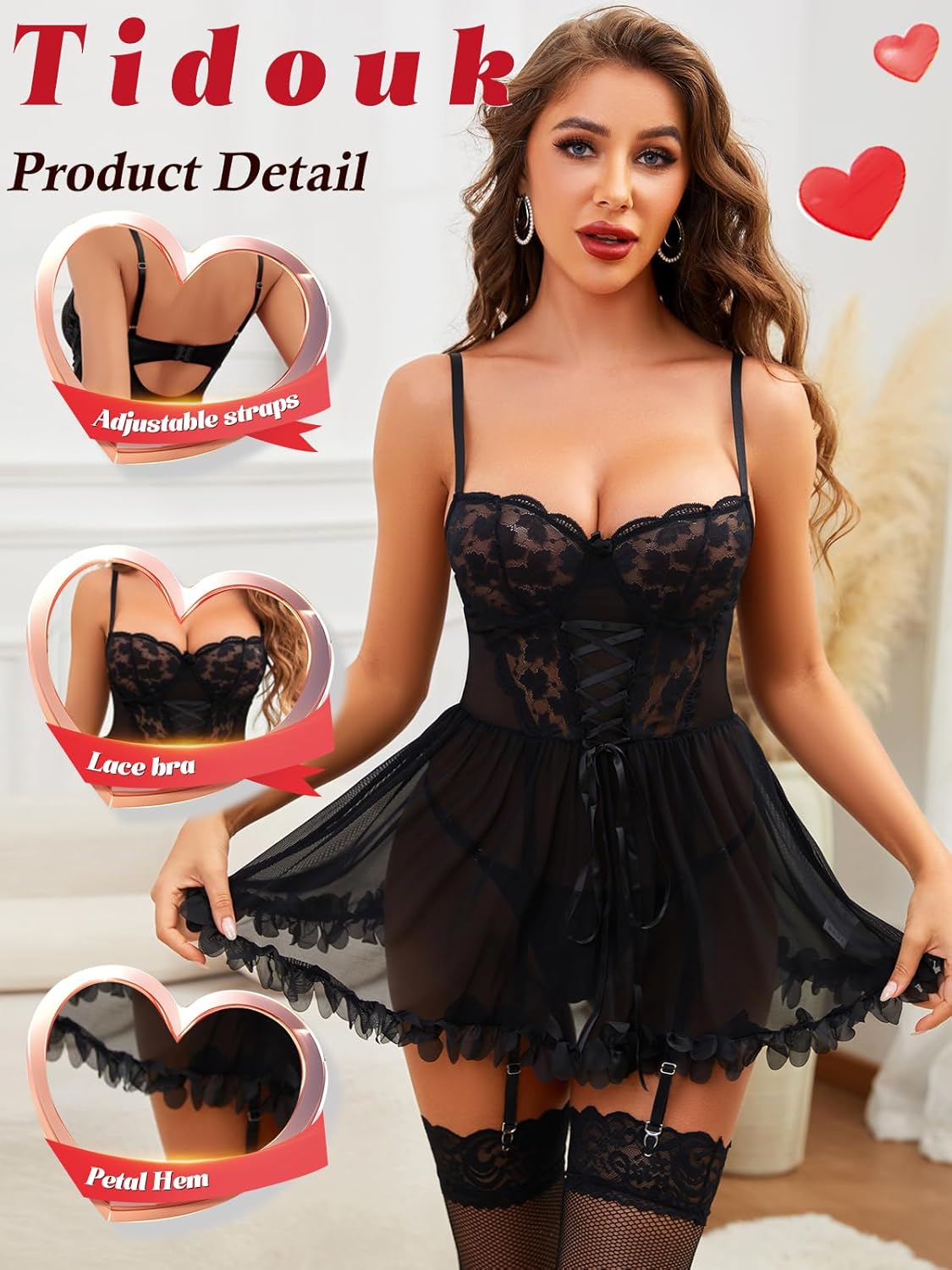Sexy Lingerie for Women Lace Babydoll Lingerie Dress Push up Nighty Petal Hem Chemise with Garter(4pcs) - Image 4