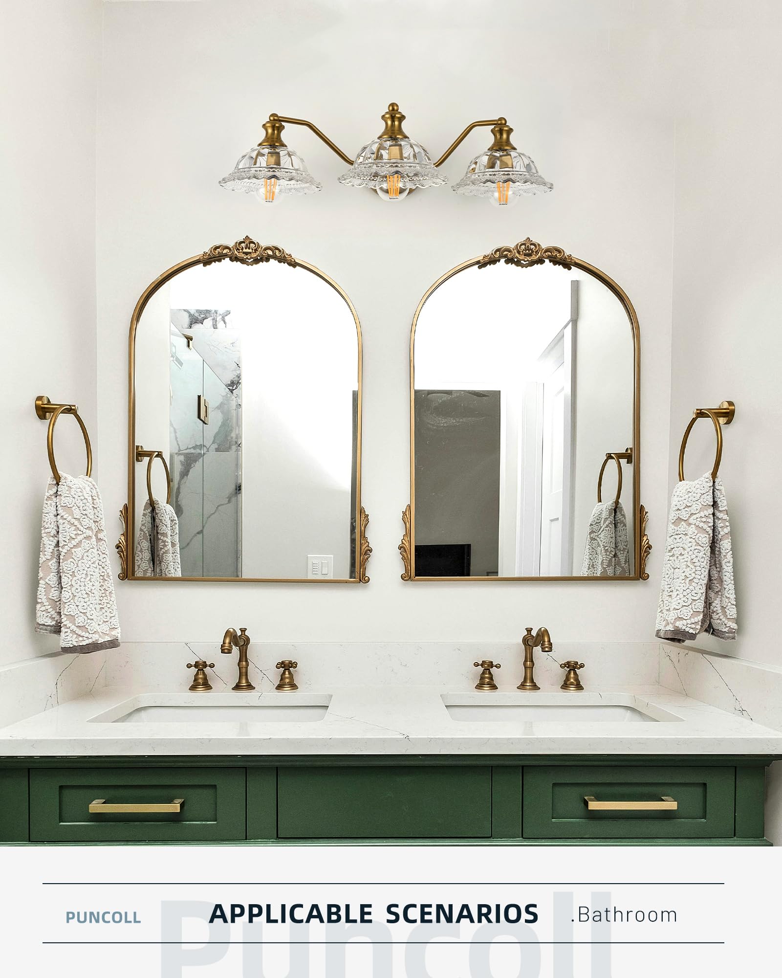 Condition photo showing New/Like New for vintage bathroom vanity light fixture - 3-lights bathroom lighting gold finish with flower glass shade - vanity lights over mirror, w2505-3-bg