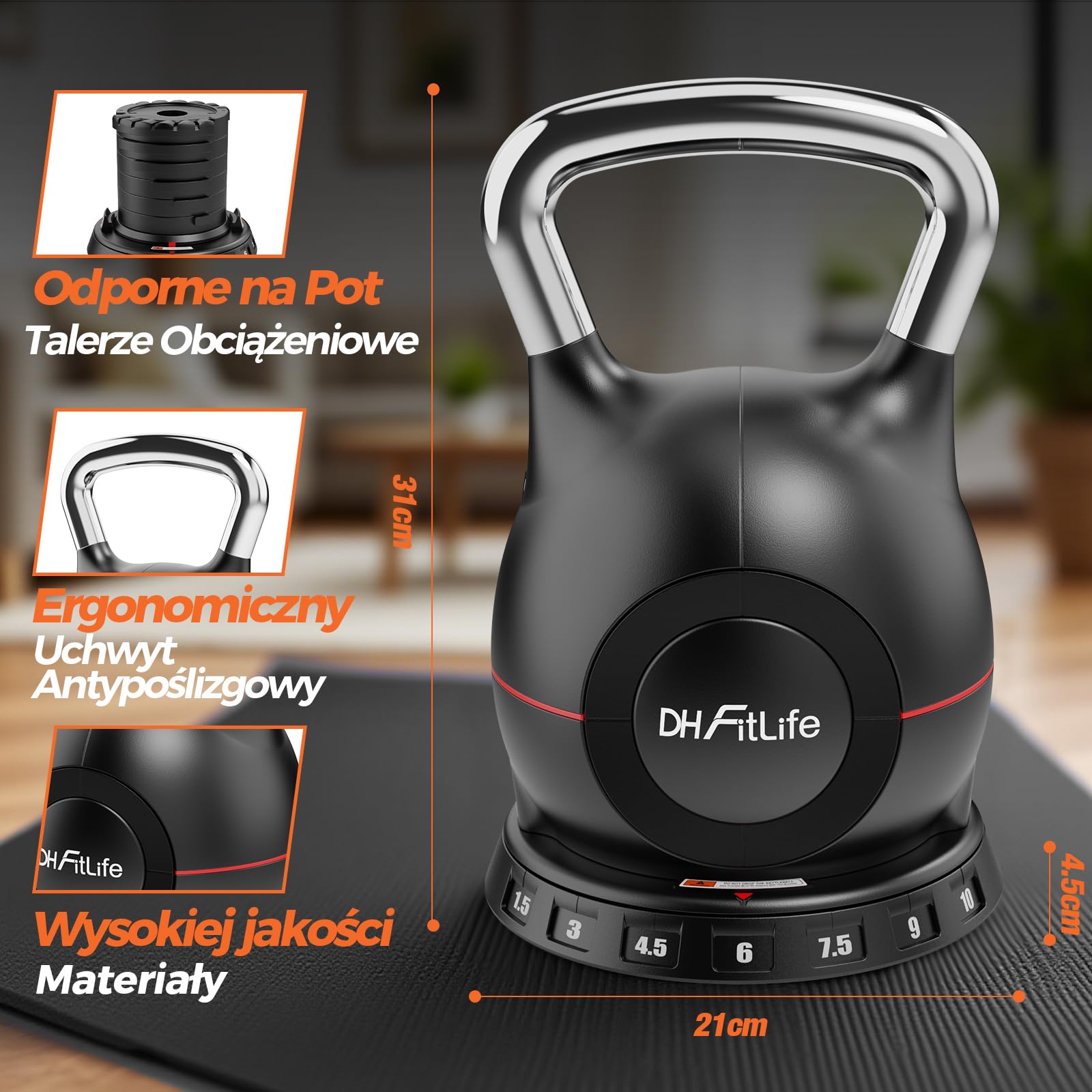 DH FitLife Regulowany Kettlebell 7w1 (1,5-10 kg) – Odważnik Kulkowy z 7 Poziomami Wagi do Treningu Domowego i Fitness, Kompaktowy i Oszczędzający Miejsce