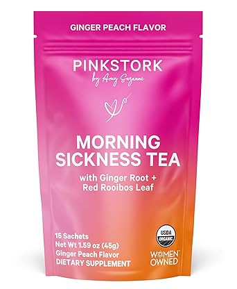 Pink Stork Organic Morning Sickness Pregnancy Tea - Hot or Iced Tea - Prenatal Heartburn, Indigestion, and Constipation Support - 1st Trimester Pregnancy Must Haves - Ginger Peach, 15 Sachets