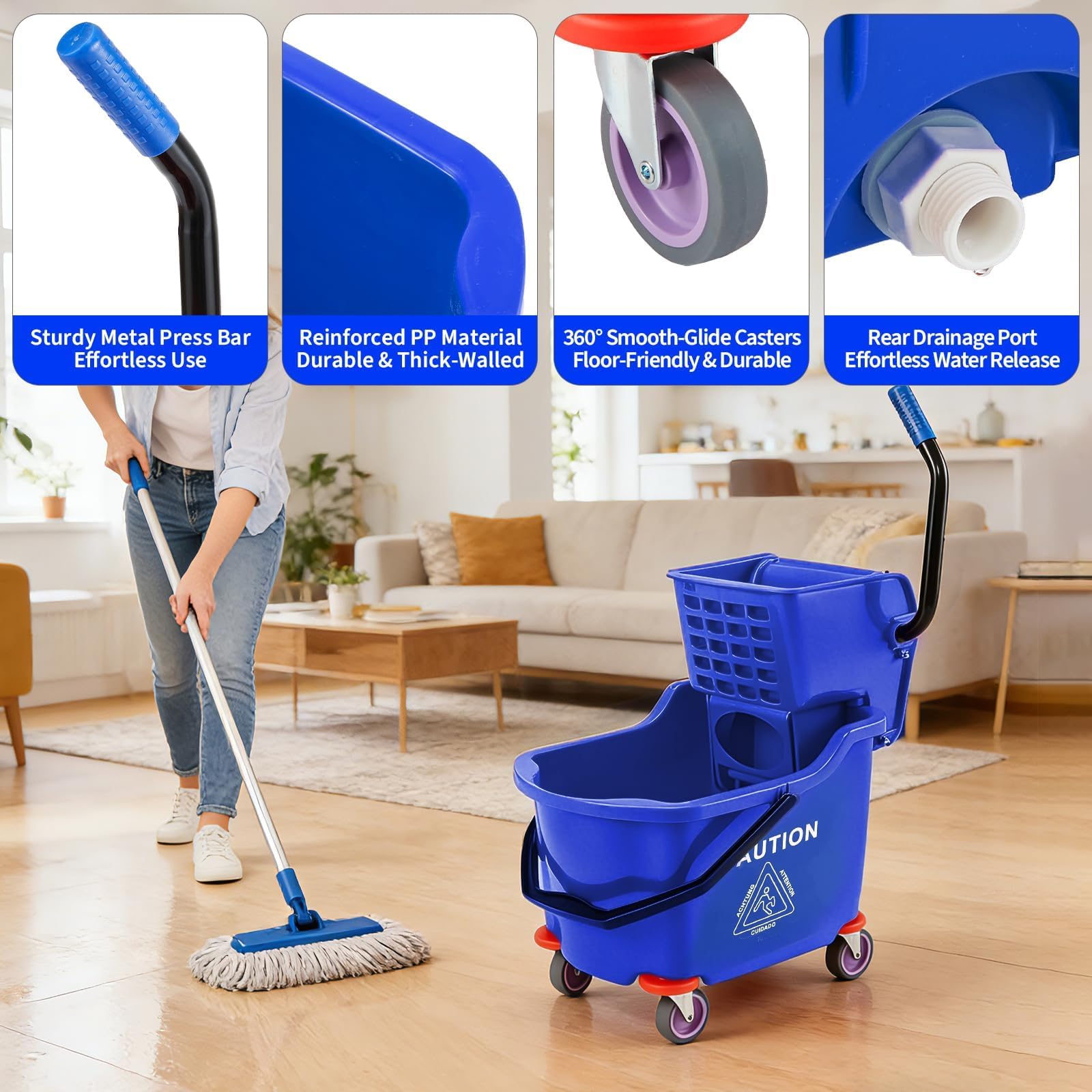 Garvee Cubo de fregona con escurridor, 33 L, rectangular, profesional, profesional, Kentucky, juego de fregona y cubo sobre ruedas, para limpieza de pisos de hogar, almacén industrial, hotel, escuela