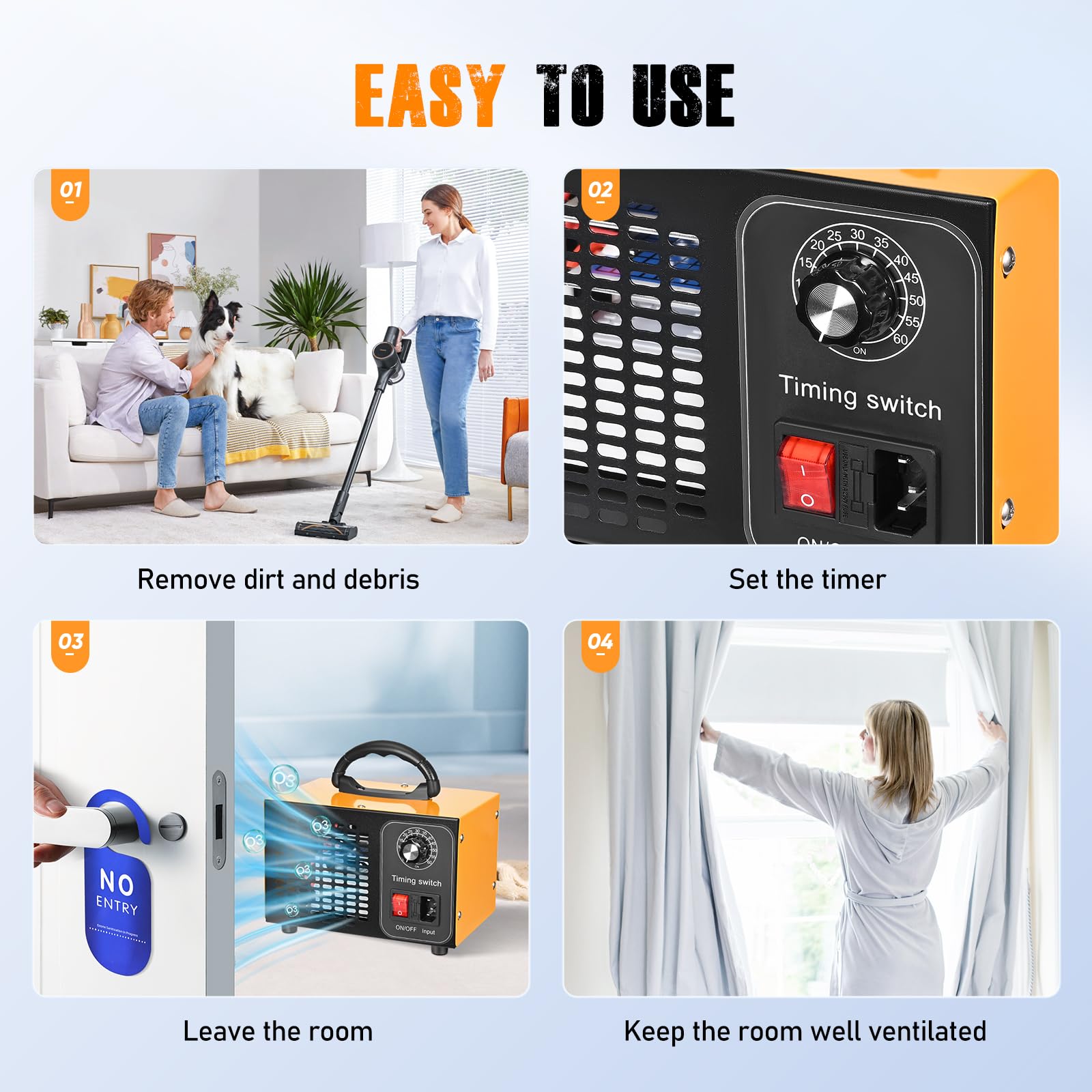 Generador de ozono 60000 mg/h, purificador de aire con ozono para 400 m², con temporizador de 60 minutos, purificador de aire O3, purificador de aire con ozono para automóviles, para purificar