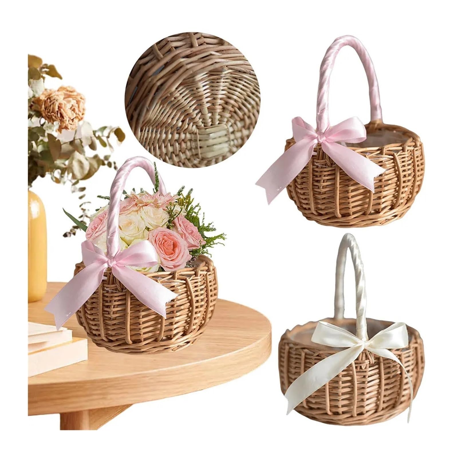 Blumenkörbe, gewebter Aufbewahrungskorb mit Griff, Hochzeitsblumenkörbe, Weiden-Rattan-Blumenkorb for Zuhause, Hochzeitsdekor, Hochzeitsblumenmädchenkörbe (Pink)(White)