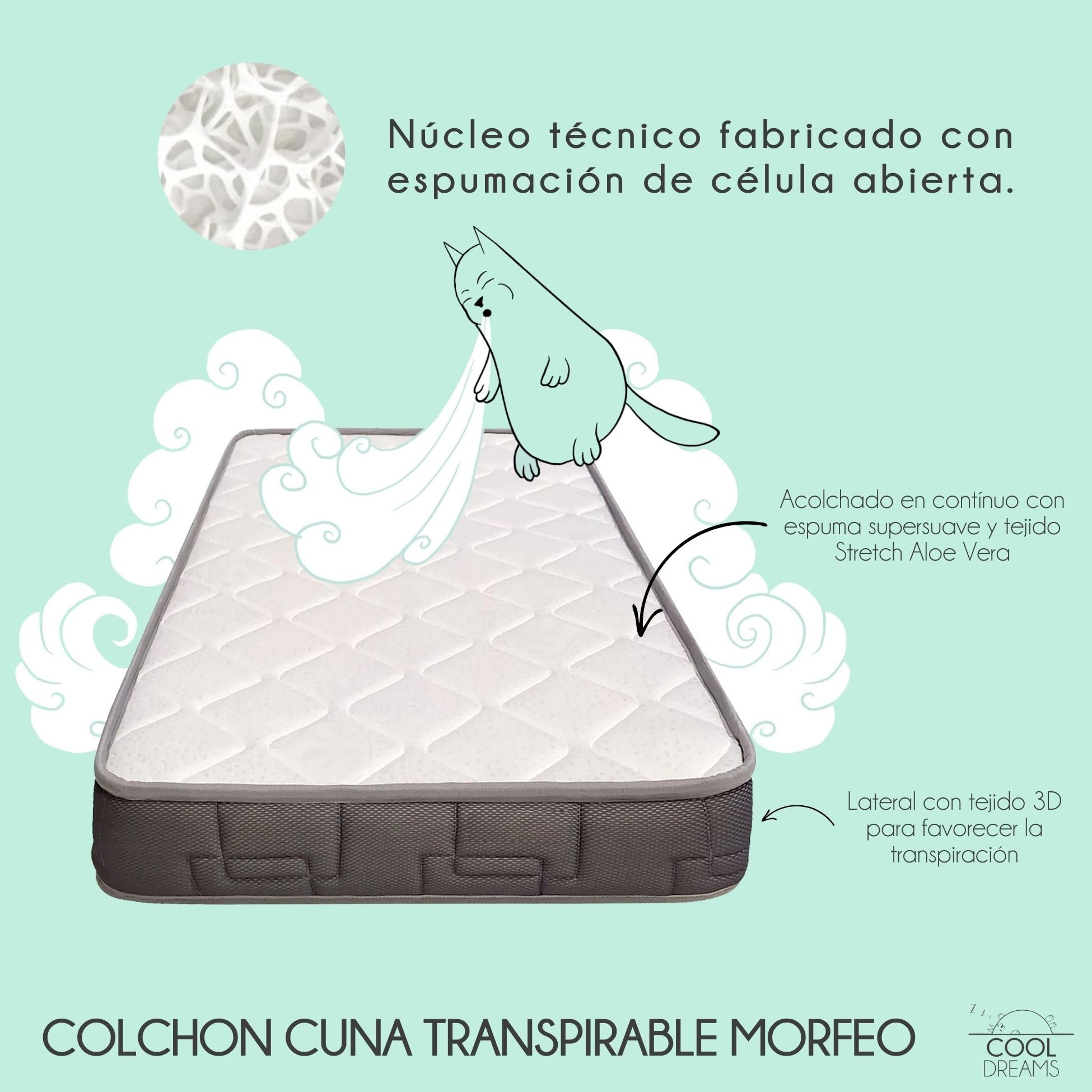 Colchón Cuna 120x60 cm Morfeo, Espuma HR de firmeza Media-Firme, Color Blanco, Certificado Oeko-Tex® y CertiPUR CoolDreams