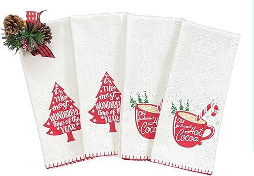 Vista 40 de Toallas de mano de cocina navideñas: ten una feliz Navidad en tejido plano y colorido estampado de flor de pascua en tejido de espiga, 100% algodón