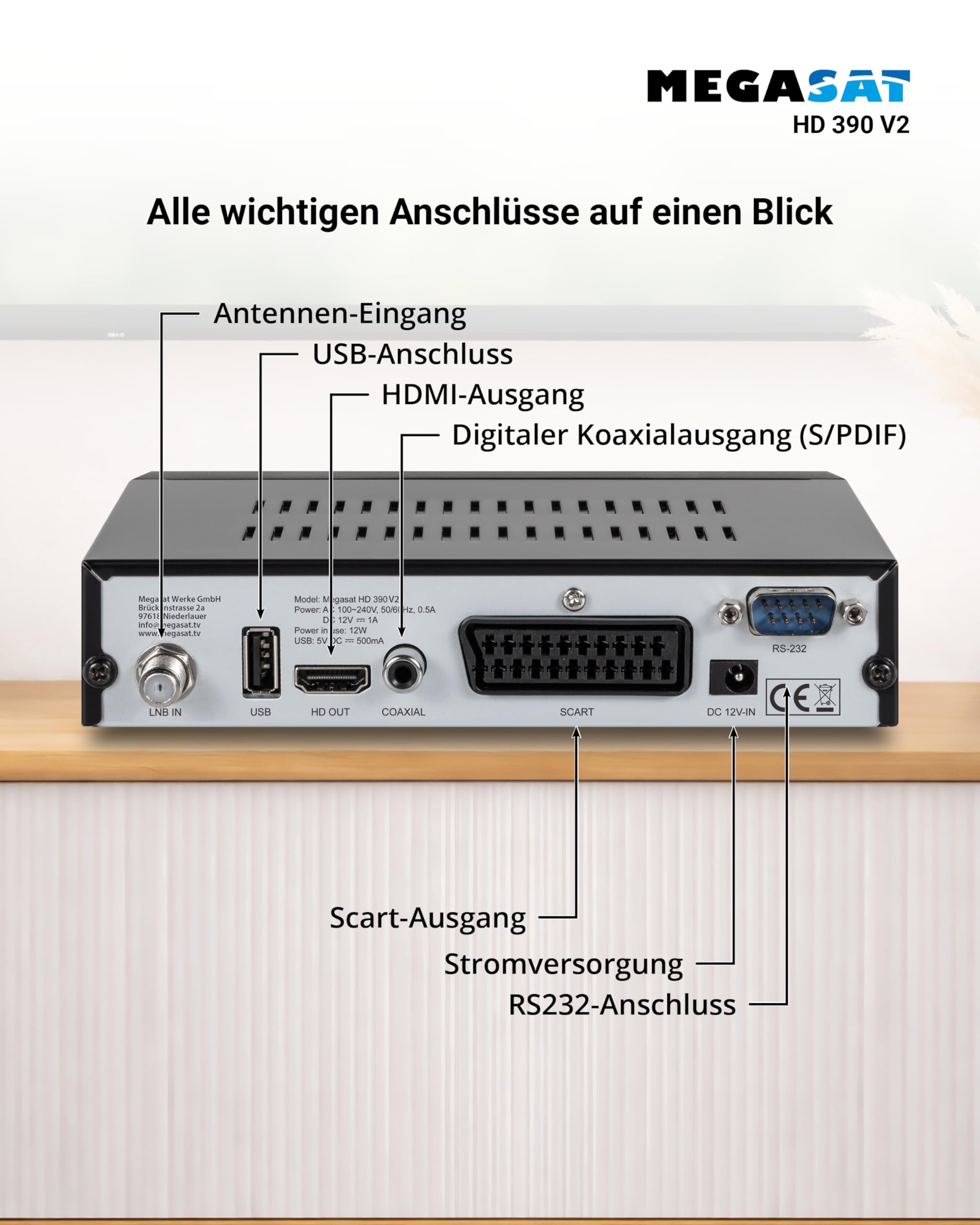 Megasat HD 390 – HD Sat-Receiver, HDMI & Scart – Schwarz | DVB-S / DVB-S2, Mediaplayer, 2 × USB, Display, Free TV