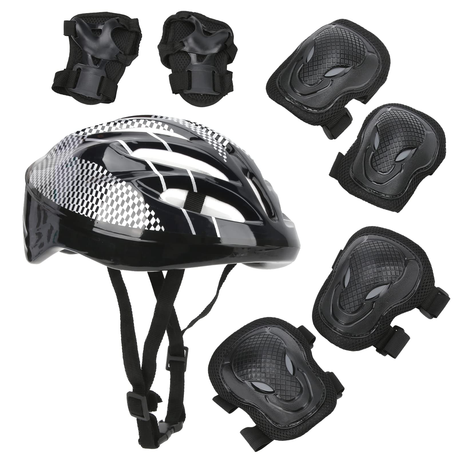 7 Pièces Ensemble D'équipement de Protection pour Patins à roulettes pour Adultes, Genouillères, Coudières, Protège-Poignets, Casque, Coque en PE Haute densité avec Rembou