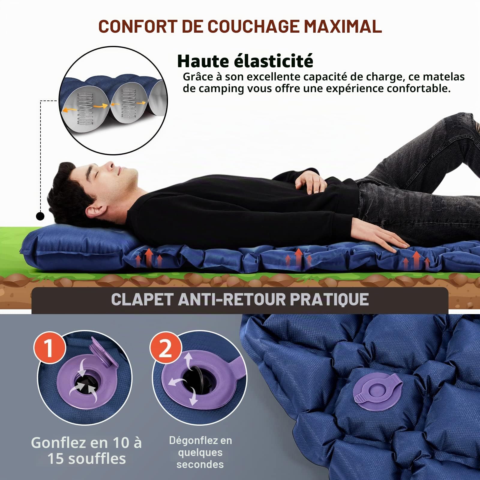 HIKENTURE Matelas de Camping et d'extérieur Ultra léger - Matelas Gonflable - Matelas Isolant Gonflable - Petit encombrement - Tapis de Couchage Ultra léger - pour randonnée, Trekking - Tapis de