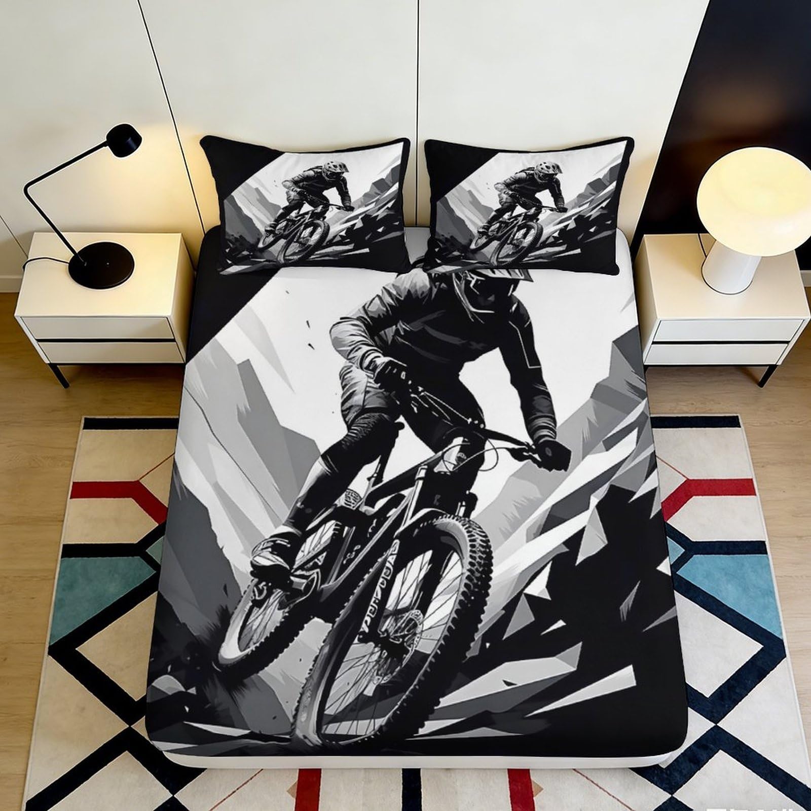 3D Printed Mountain Biker Fitted Sheet Microfiber Black White Sports Mattress Cover for Bedroom Dorm Decor 90x200x25cm