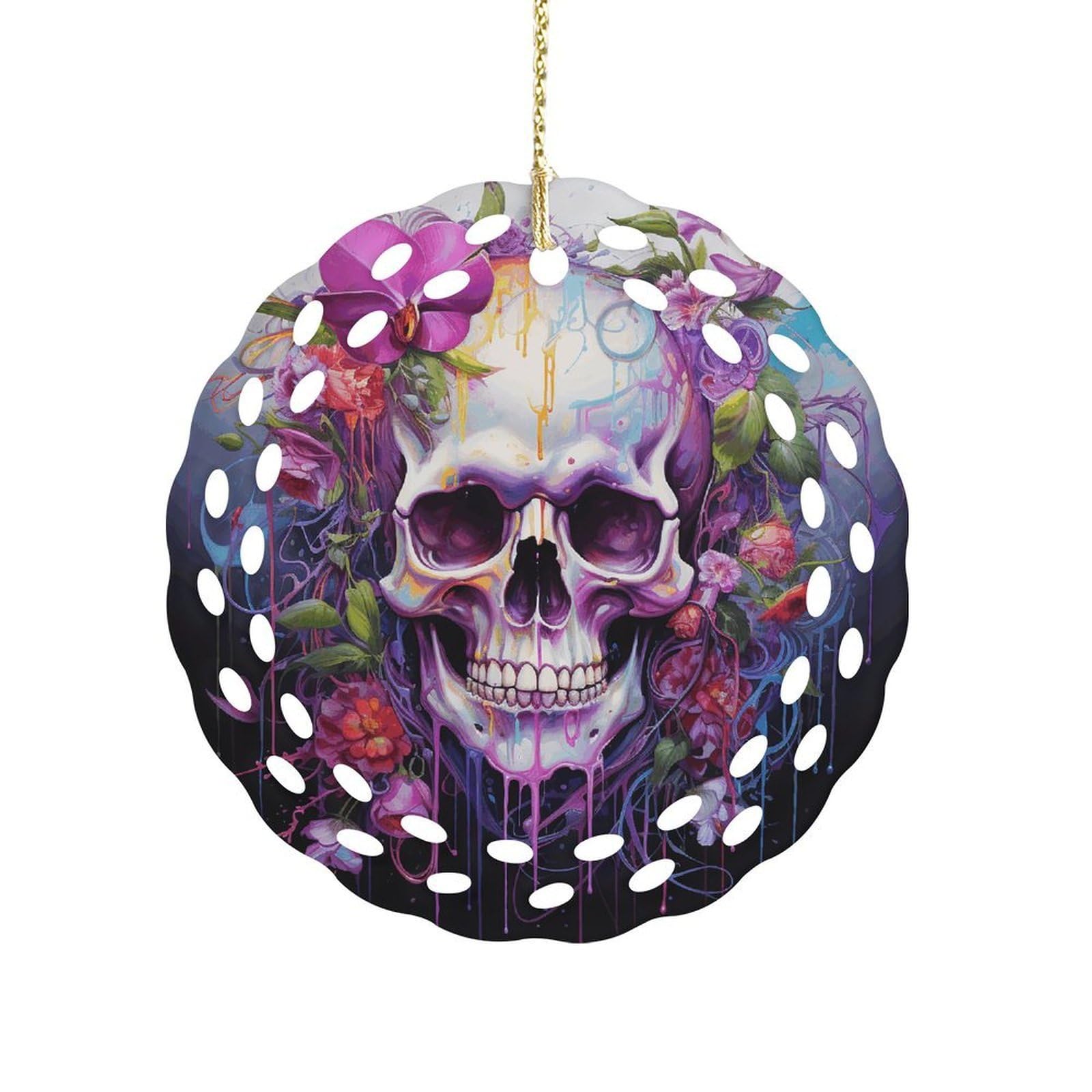Fodpand Women's Style Flowers And Skulls Ceramic Ornament For Home Decor 3.2" Round Tree Decoration Christmas Ornaments For Men Double-Sided Design
