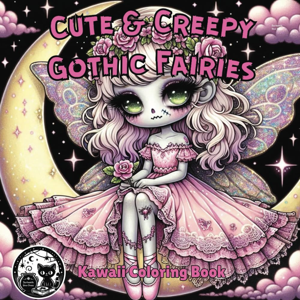 Cute and Creepy Gothic Fairies Kawaii Coloring Book for Kids, Teens, and Adults: Zombie Fantasy Activity Pages with Black Background for Relaxation