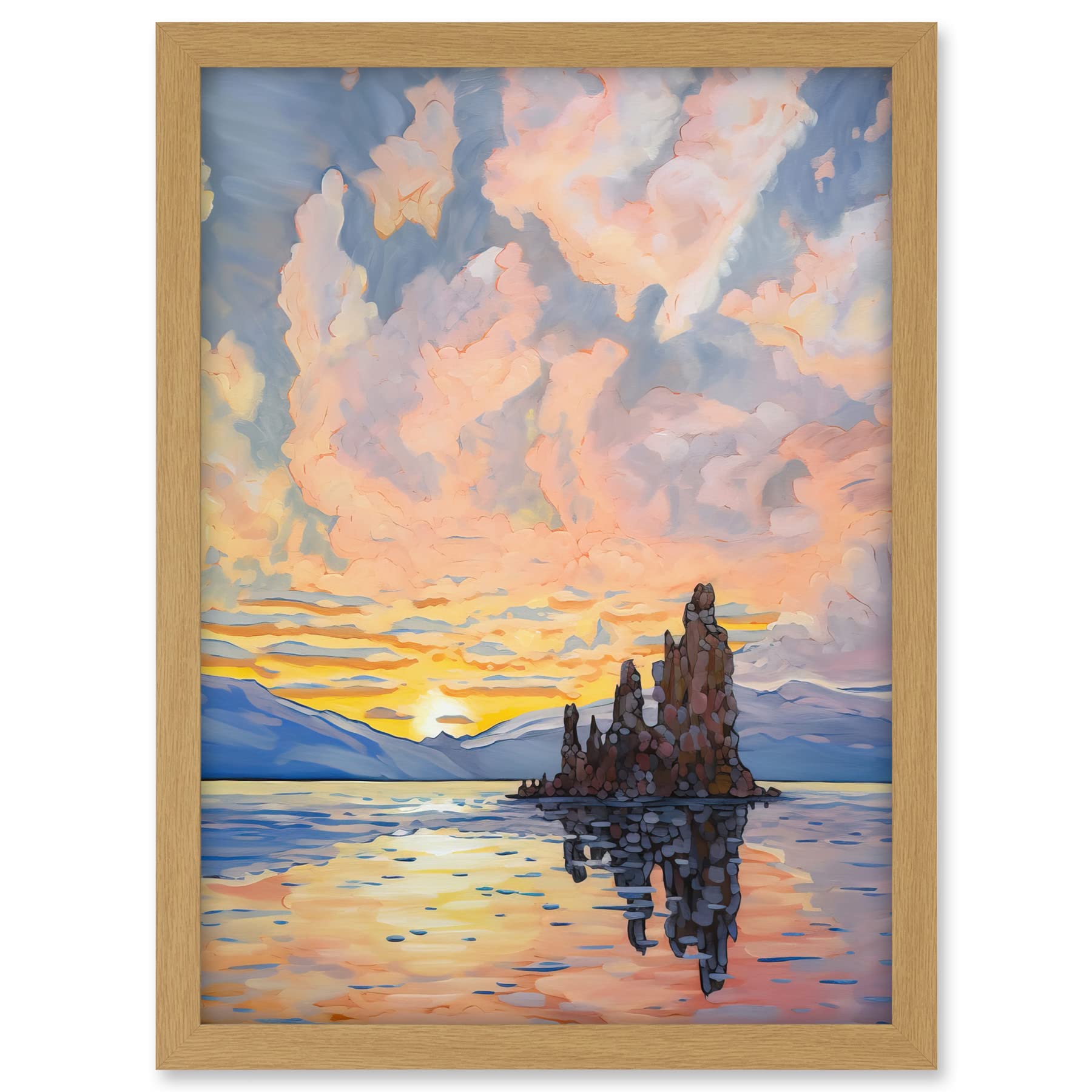 Artery8 Sunrise Atmospheric Clouds Over Mono Lake Mountain Lakeside Landscape Modern Watercolour Painting Artwork Framed A3 Wall Art Print