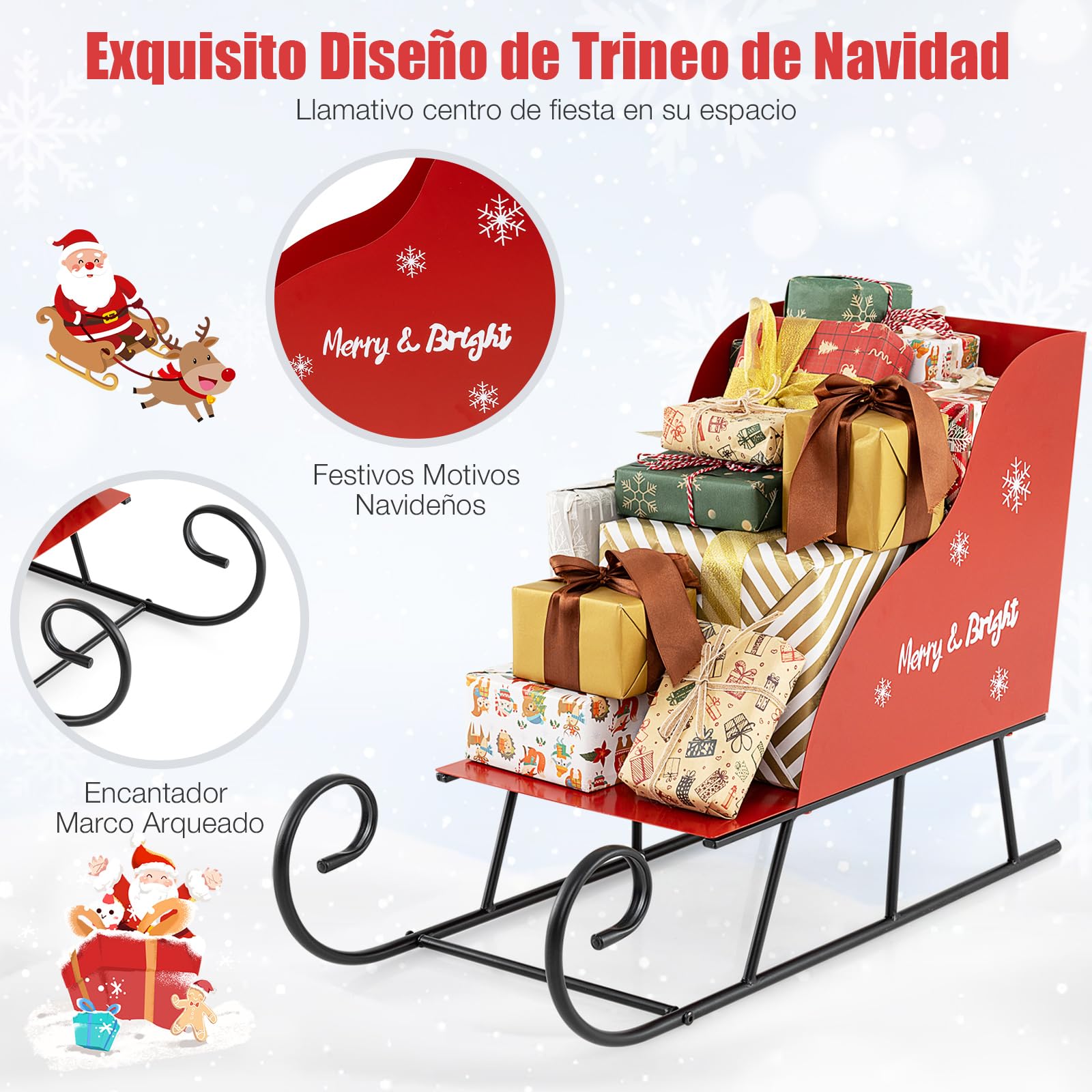 GOPLUS Trineo de Navidad de Metal, Trineo Decorativo de Papá Noel con Almacenamiento de 2 Niveles, Decoración Navideña para Hogar, Oficina, Eventos Festivos, Celebraciones (73,5 x 31 x 50,5 cm)