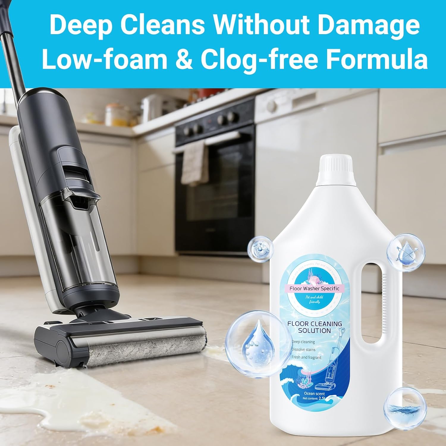 2.5 L Floor Cleaning Solution Compatible with Tineco/Roborock/Shark/Bissell/Swiffer Robotic Vacuum Mop and Cordless Wet/Dry Vacuum Mop Cleaner, Multi-Surface Deodorizing & Cleaning Solution