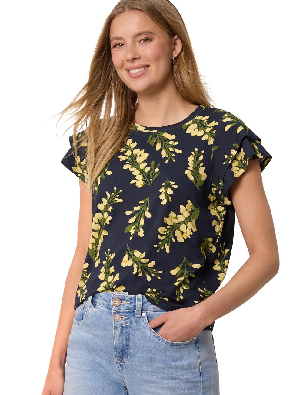 Street One Studio Women's 3230649 T-Shirt with Valance Sleeves and Print (Pack of 1), Maritime Blue, 10
