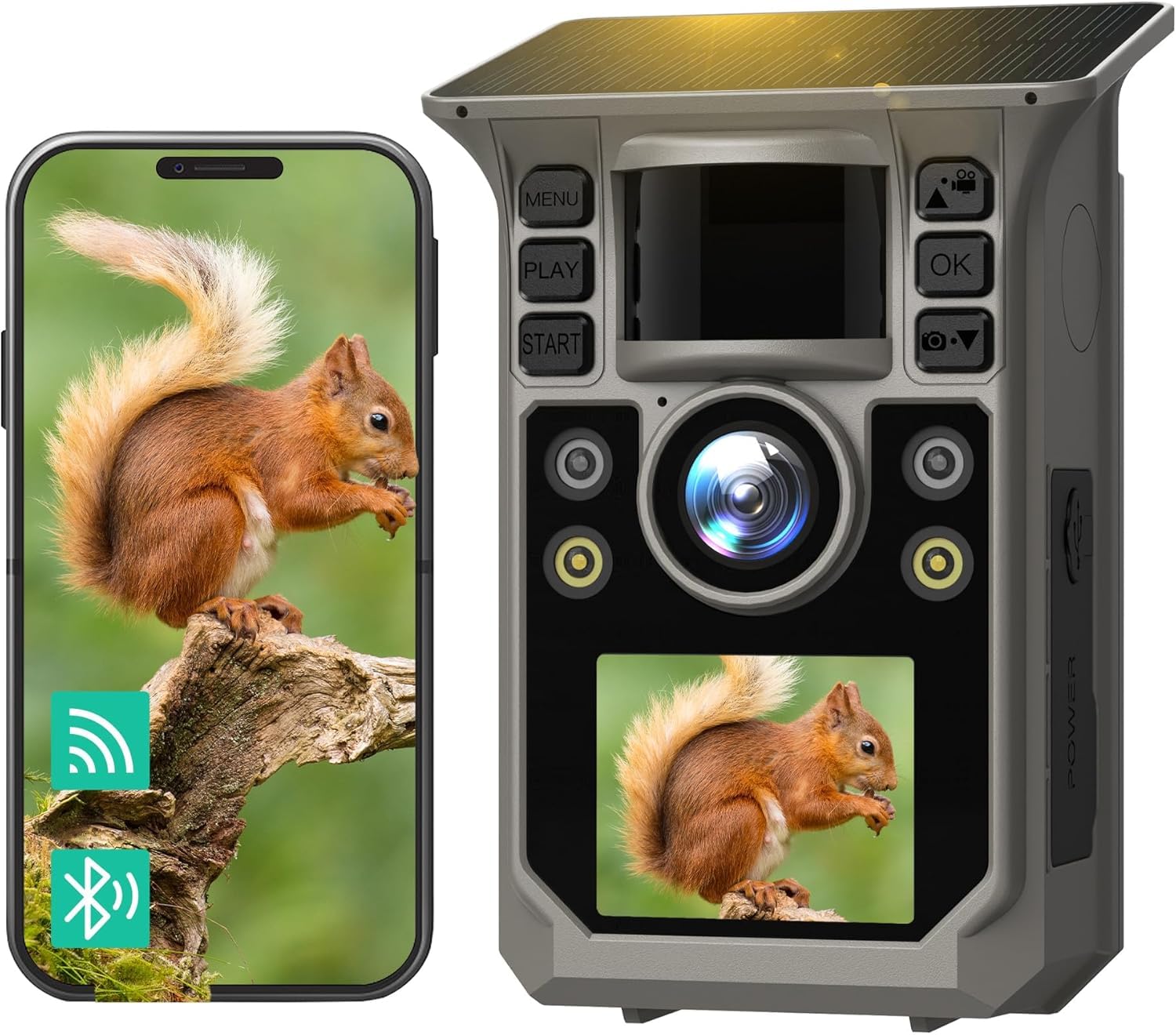 Wildkamera mit Handyübertragung APP, Solar WLAN 4K HD Video 64MP Eingebaute 7500mAh Wiederaufladbare Batterie, Vollfarbige Nachtsicht, 32GB Speicherkarte, IP67 Wasserdicht, 130° Weitwinkel