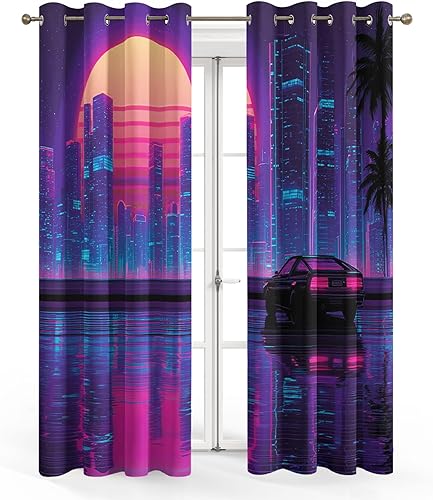 Miniatura 2 de Retro Synthwave Curtains Blackout, 80s Neon Cityscape Cyberpunk Curtains, 96 Inch Drapes, Eyelet Thermal Window Treatments for Bedroom, Living Room,