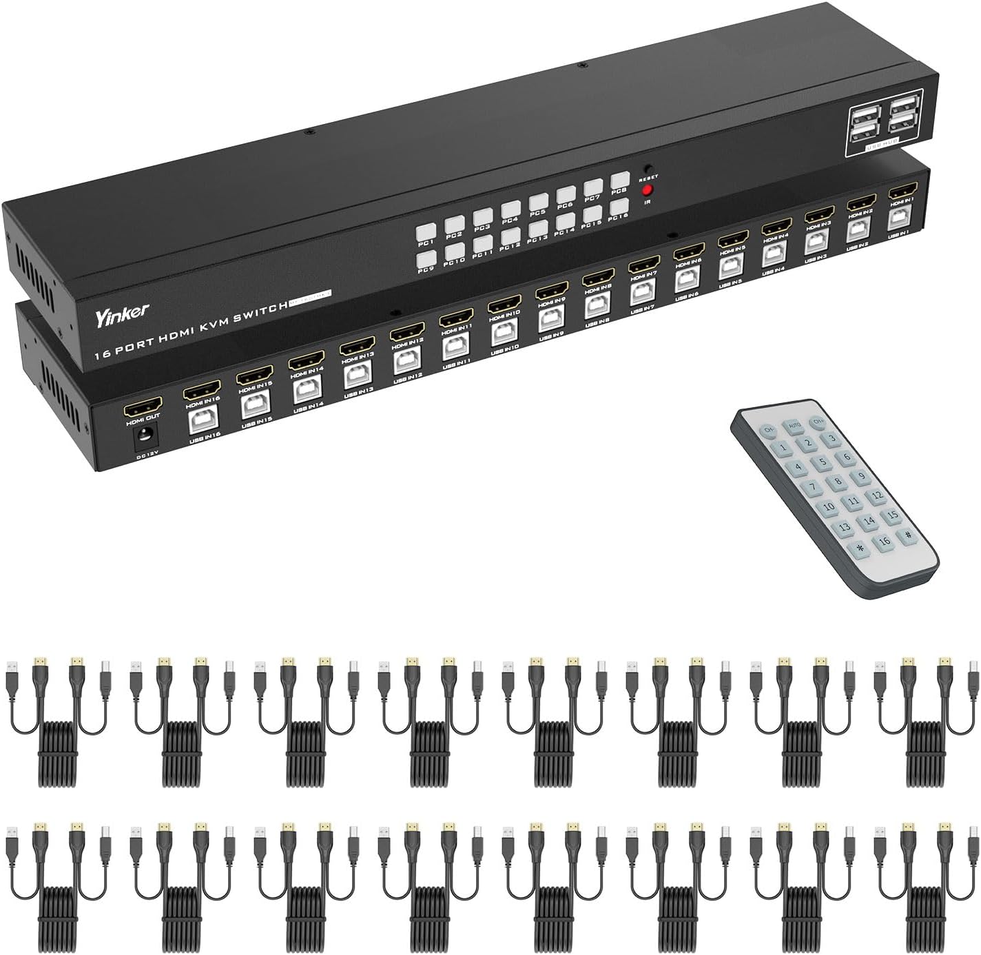 – 16 Port 4K@30Hz HDMI KVM Switch with 4 USB 2.0 Ports, 1U 19" Rackmount Server Console, IR Remote/Panel Button/Auto Scan, Plug & Play, EDID Storage, 16 KVM Cables Included