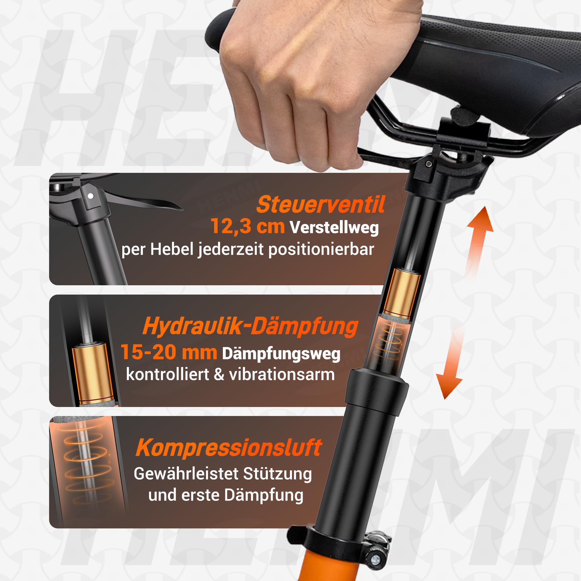 HENMI Canotto reggisella per bicicletta, regolabile in altezza, con regolazione manuale e ammortizzazione, per MTB, Gravel & E-MTBB, include 2 manicotti distanziatori (diametro 27,2 mm, 30,9 mm, 31,6