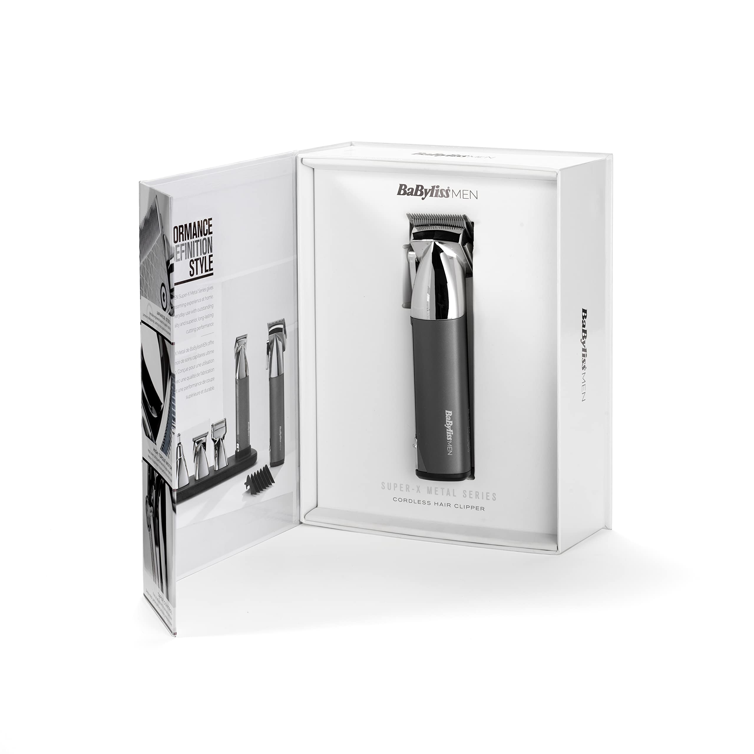 BaByliss Tondeuse cheveux sans fil Super-X Metal, Lames en acier japonais, 10 sabots, 2 sabots oreille, Batterie lithium, affichage digital, Poignée en métal, noir, E996E