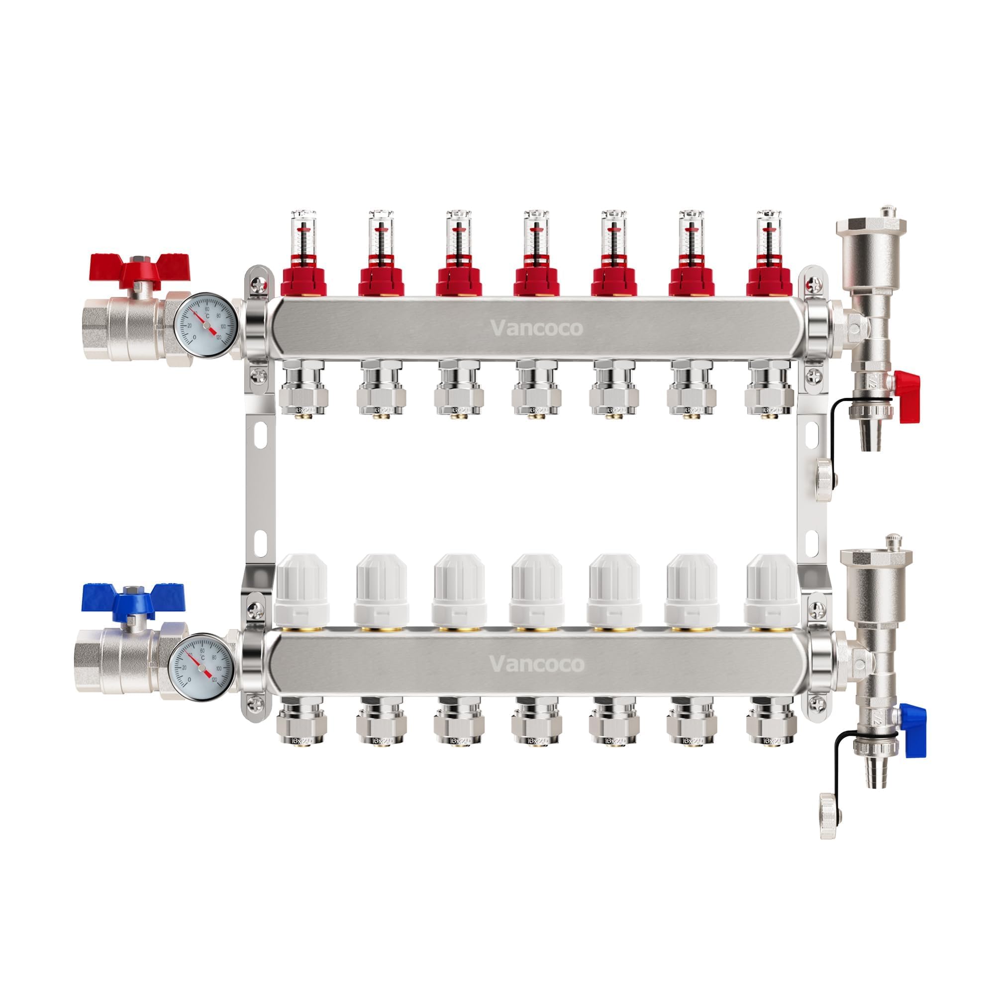 VANCOCO Colector para Suelo Radiante Para 7 Circuitos, con Cono Europeo 16 × 2 mm, Purgador Rápido, Grifos de Bola 1", Caudal 0-5 L/Min, Caudalímetro