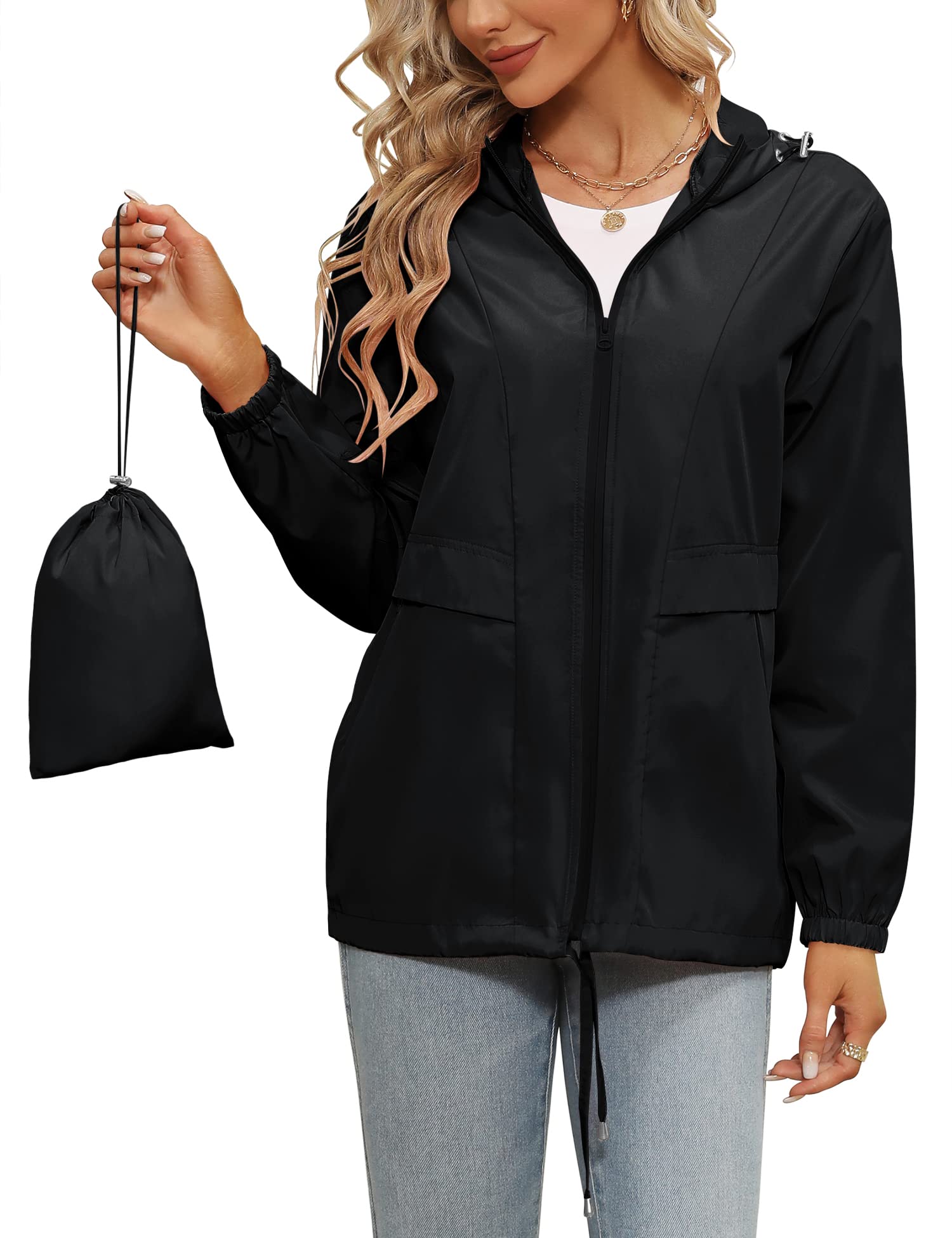 Tisfeer - Impermeabile da donna con cappuccio, leggero, antivento, ripiegabile, giacca a vento con cappuccio