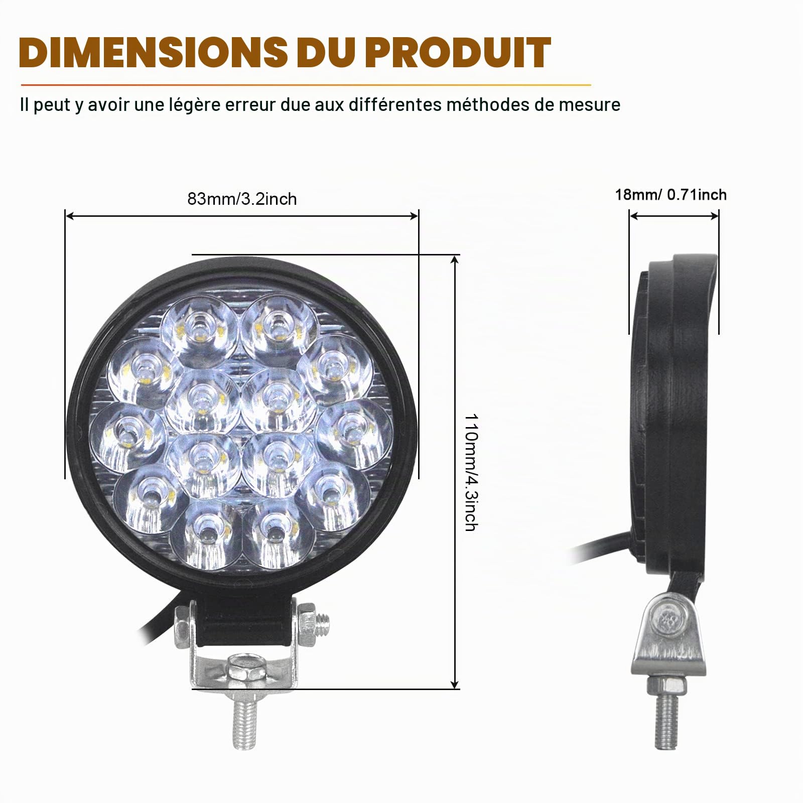 SKYWORLD 2 Pcs Rond Phare de Travail Led, 3.2 pouces 42W Mini