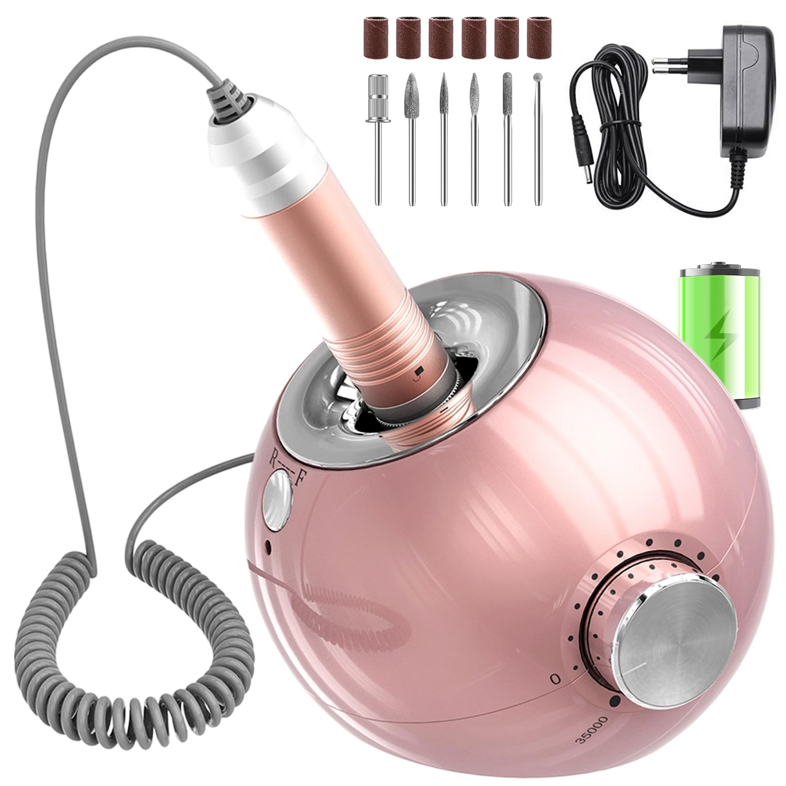 Nagelfräser, 6 in 1 Wiederaufladbare Elektrische Nagelfeile 35000 U/Min für Gelnägel, Einstellbarer Geschwindigkeit, für DIY Nagelpflege, Acrylnägel, Kallus Entfernen, Pediküre Maniküre Set