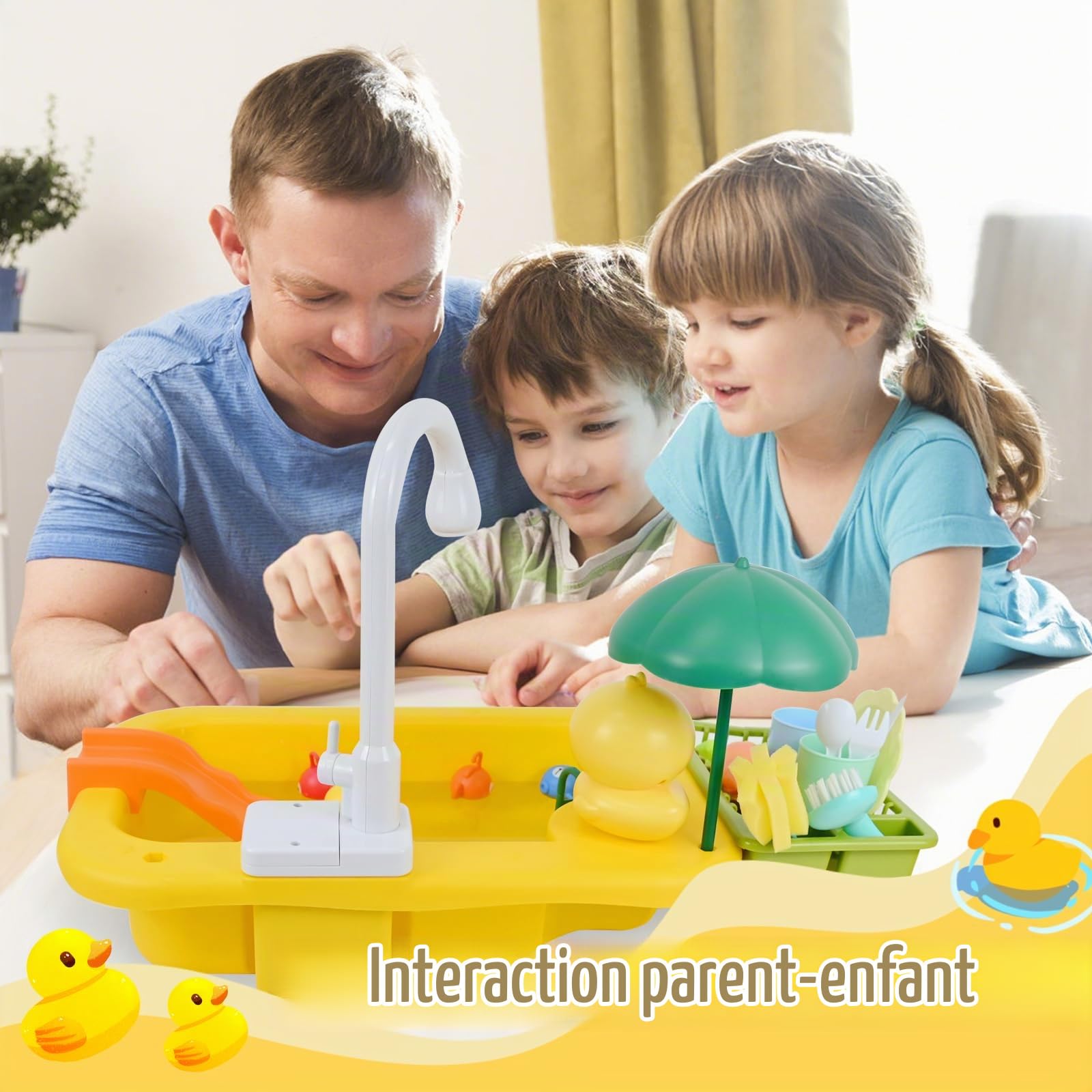 Ulikey Évier pour Enfant avec Eau Courante, Jouet d'évier de Cuisine, Jouets de Pêche, Jouets de Cuisine Accessoires avec Robinet Enfant Pompe, Recyclage de l'eau, Évier Jouet Enfants 3+ Ans (Jaune)