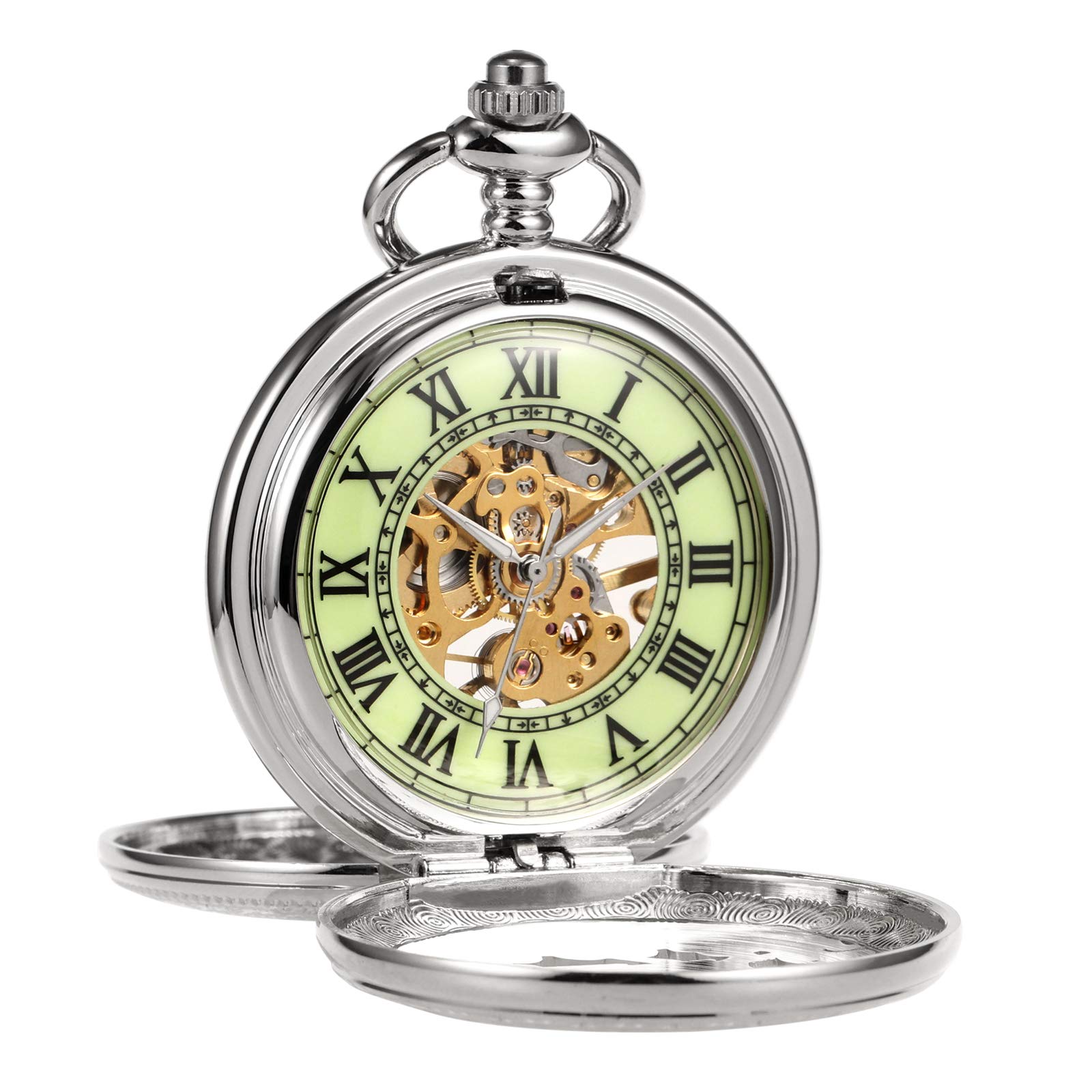 TREEWETO Montre gousset unisexe mécanique double couverture, renne cerf lumineux, squelette steampunk pour homme et femme