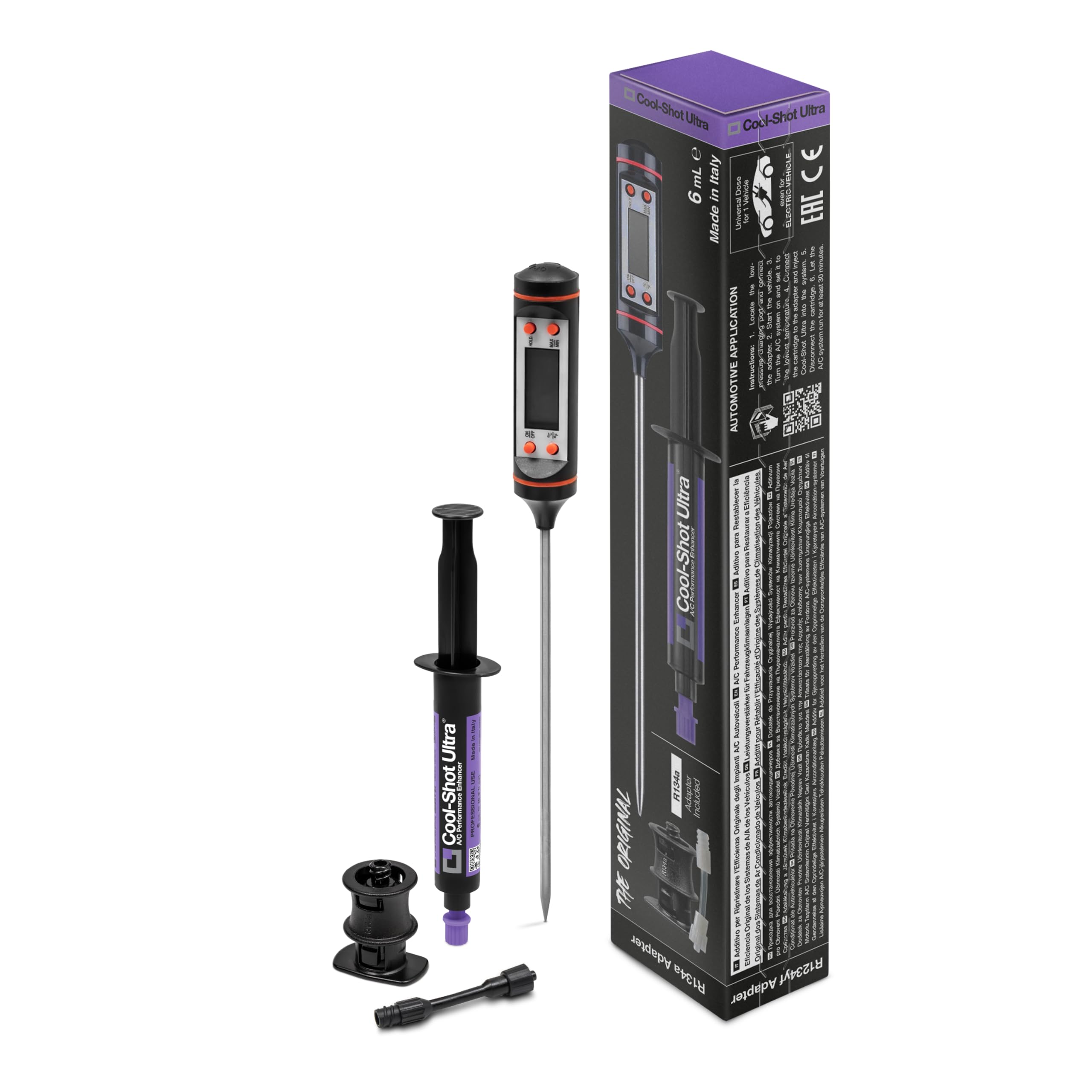 ERRECOM Cool-Shot Ultra Restores Original Vehicle A/C Efficiency, Colder Air, Includes Thermometer to Check Temperature Before & After, 6 mL Cartridge + R134a Adapter