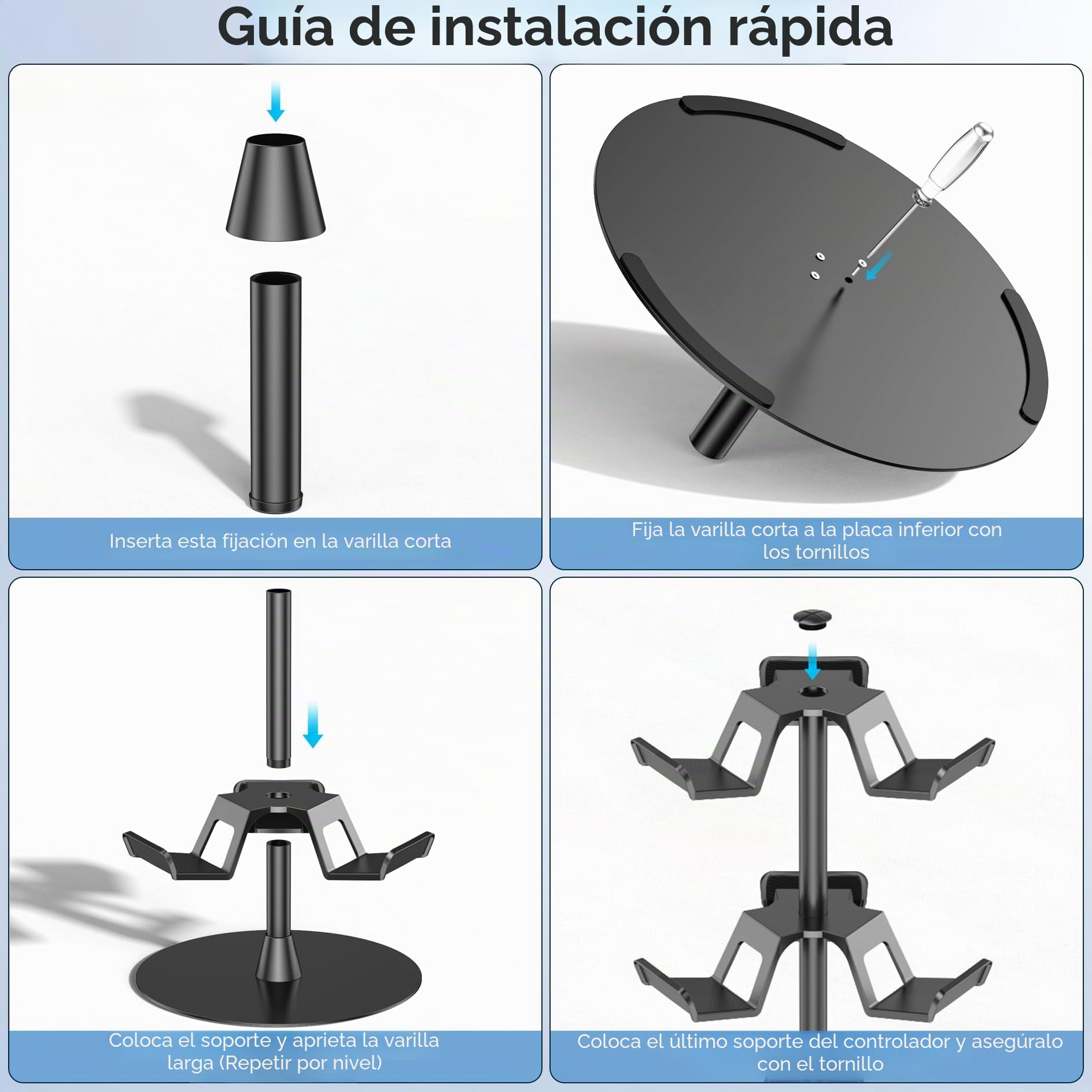 Soporte Mando y Cascos, 3 Niveles Soporte Auriculares para Mesa, 9 de Gran Capacidad para Organizador Mandos, Controller Holder Giratorio para Accesorios Gaming, Fácil de Guardar y Ensamblar, 3 Nivel