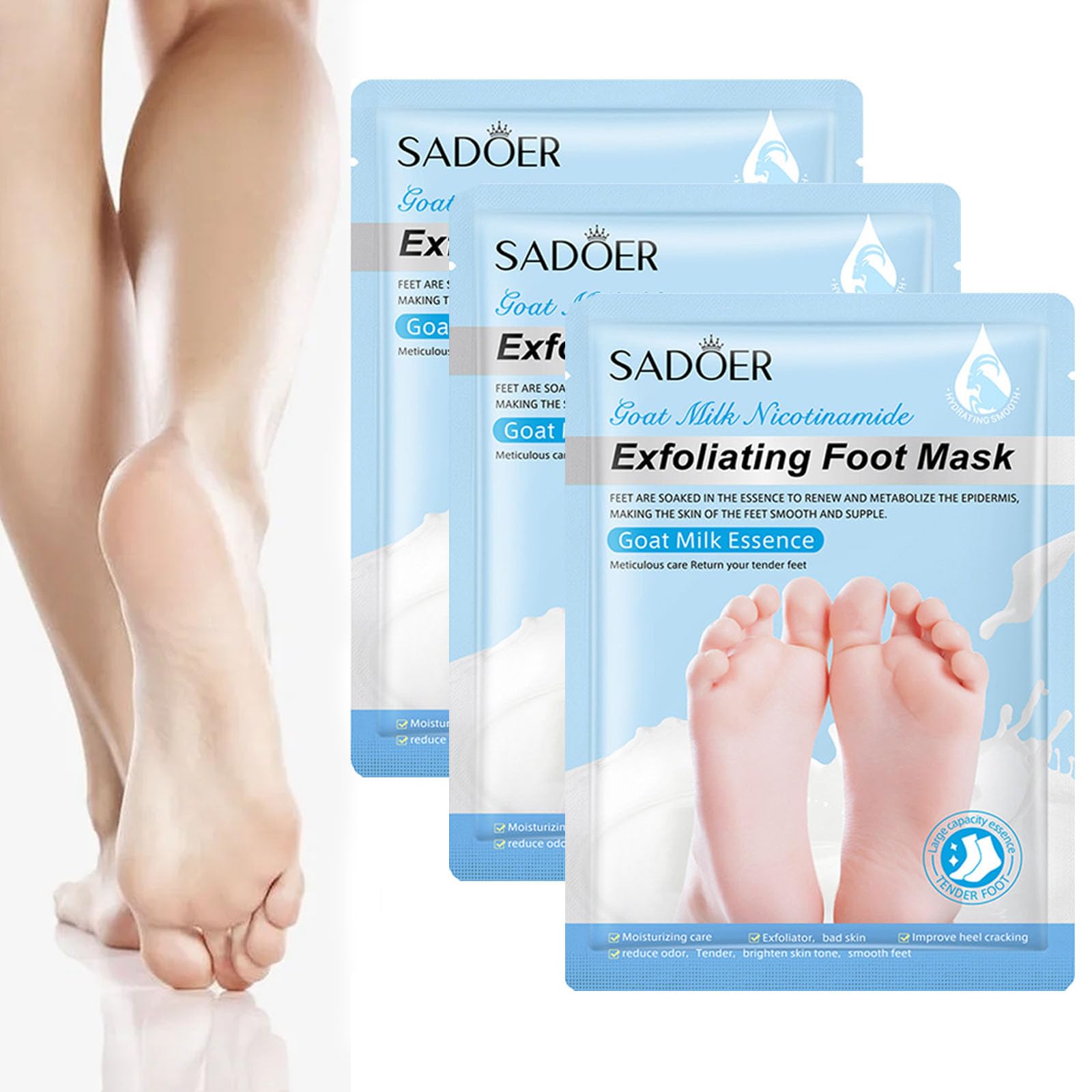 Foot Mask, Moisturizing Foot Peel Mask with Goat Milk and Niacinamide, Hydrating Mask Socks for Dry Cracked Feet Care, 3 Pack of Regular Size Exfoliating Foot Masks for Dry and Cracked Heels