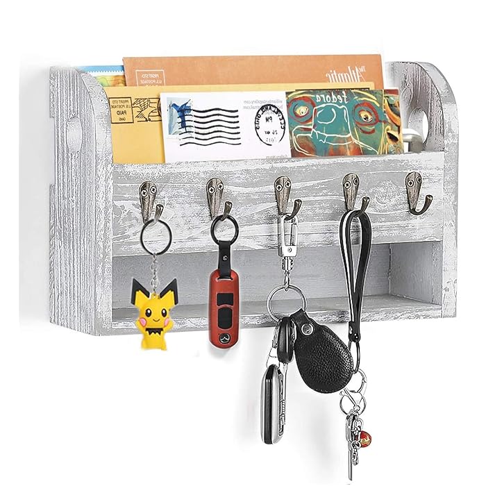 Buy Mail Organizer Wall Mounted, Wood Mails Holder Letter Bills Storage Organizer with 5 Key