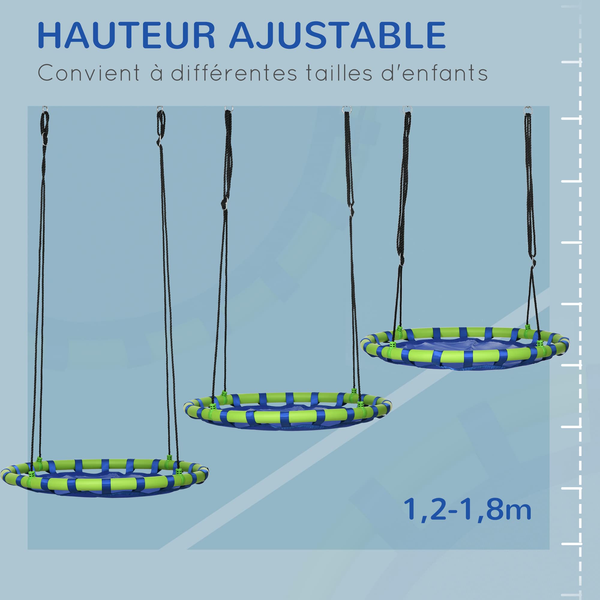 Outsunny Balançoire Nid d'Oiseau Ronde Ø 100 cm Réglable Jardin Bleu | à Suspendre, Enfant Adulte, Capacité de Charge 150 kg, Extérieur, Cadre en Acier, Textilène