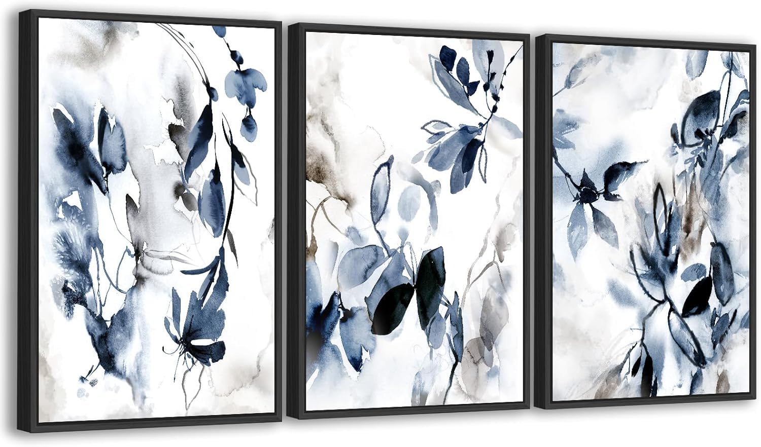 lianyibo Large Canvas Wall Art Abstract Navy Blue Flowers Pictures, Ink Wash Botanical Painting Prints for Living Room Bedroom(60x90cmx3/Frameless)