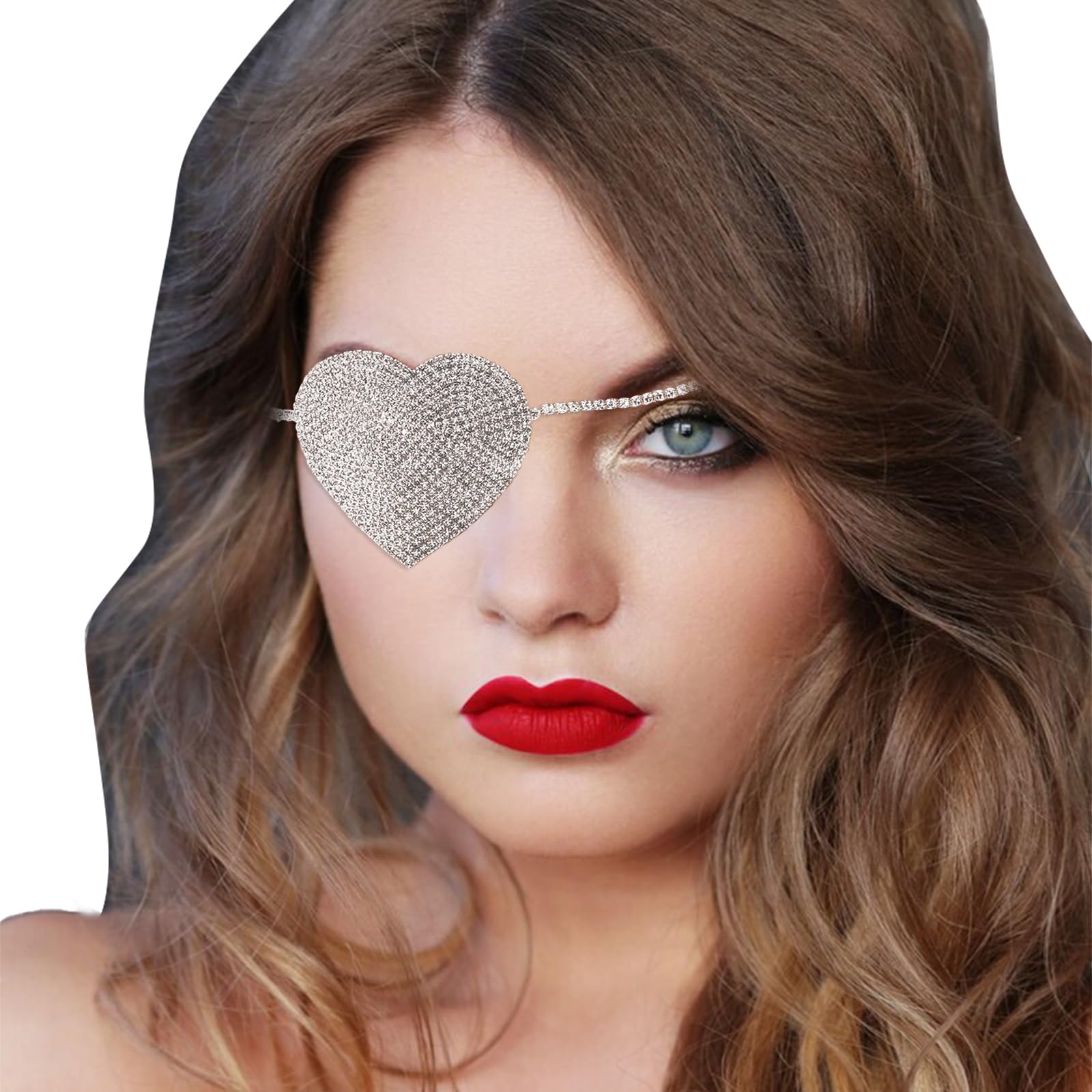 NICENEEDED Rhinestone Punk Eye Patch Mask, Heart-Shaped Gothic Eyepatch Mask Crystal Masquerade Eye Mask for Cosplay Costume Halloween