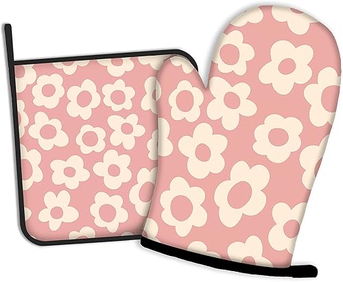 Guantes de horno y soportes para ollas de cocina con flores retro, juego de 2 piezas, almohadilla resistente al calor para hornear, barbacoa,